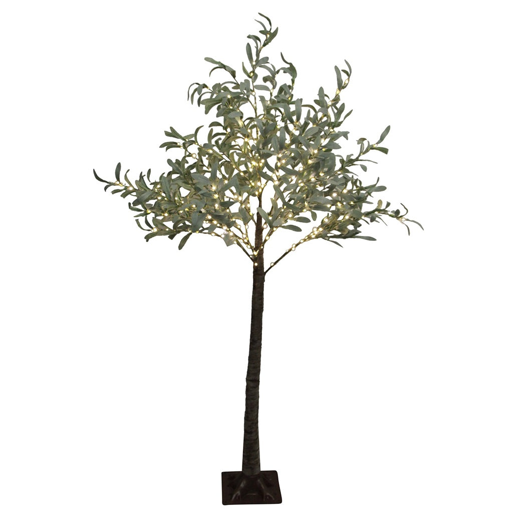 An artificial olive green Christmas tree decorated with warm white LED lights.