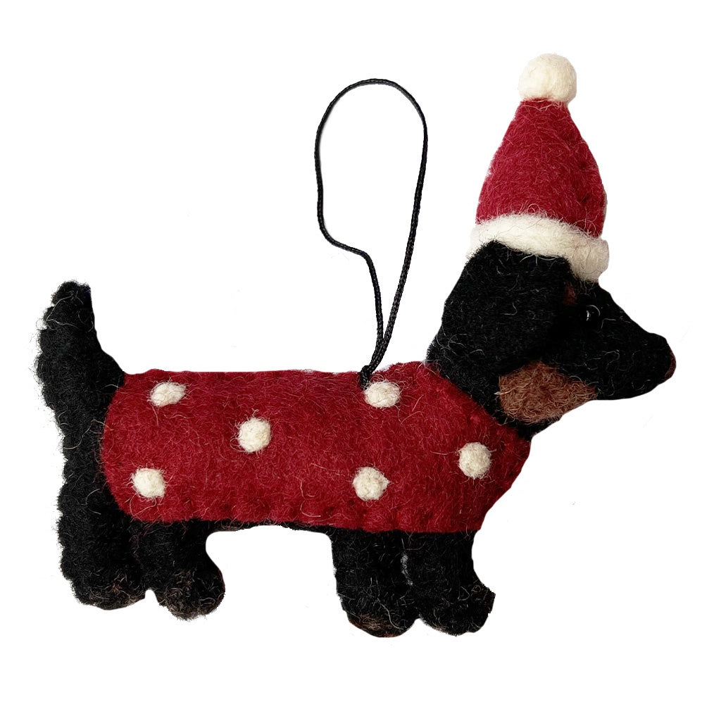 Pashom Nepal Felt Christmas Decoration - Black Dachshund with Coat - Tea Pea Home