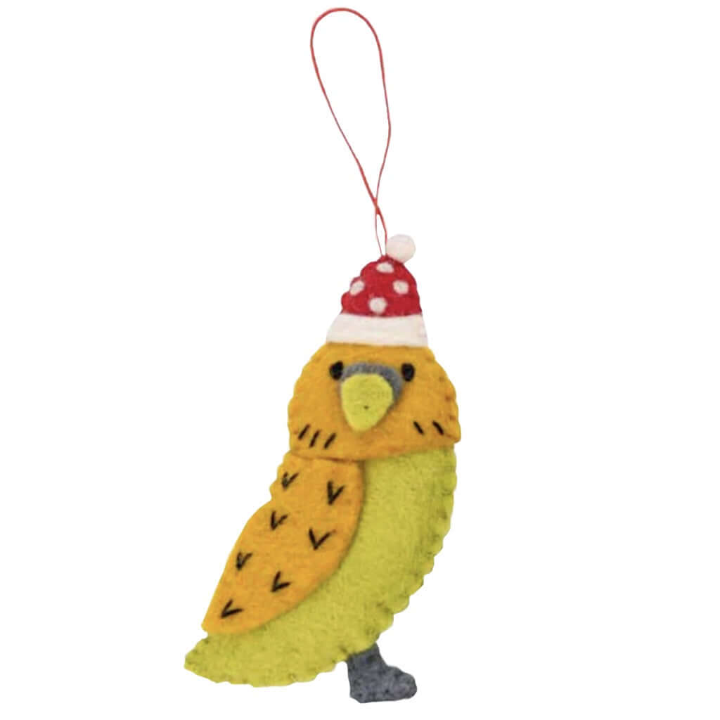 Pashom Nepal Felt Christmas Decoration - Budgie in a Hat handmade eco-friendly felt budgie ornament with festive hat