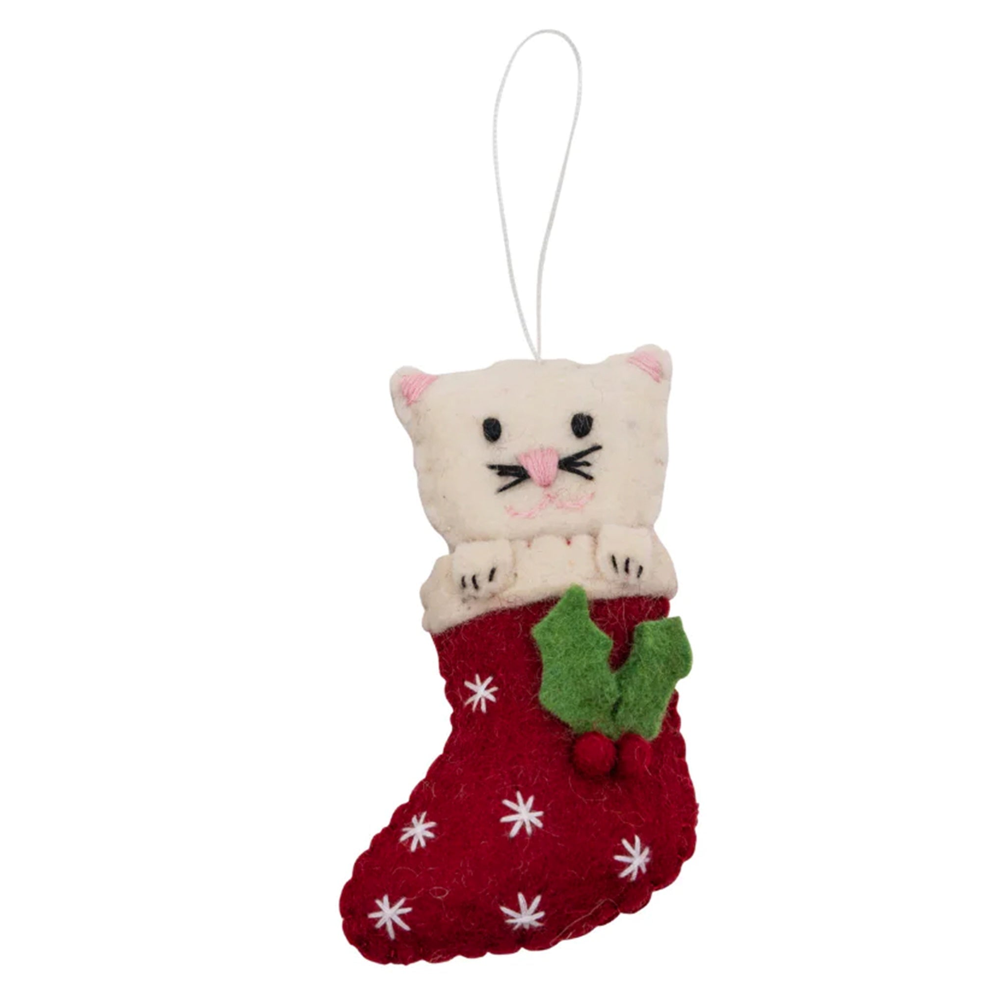 Felt white cat in a Christmas stocking Christmas Decoration on a white background.