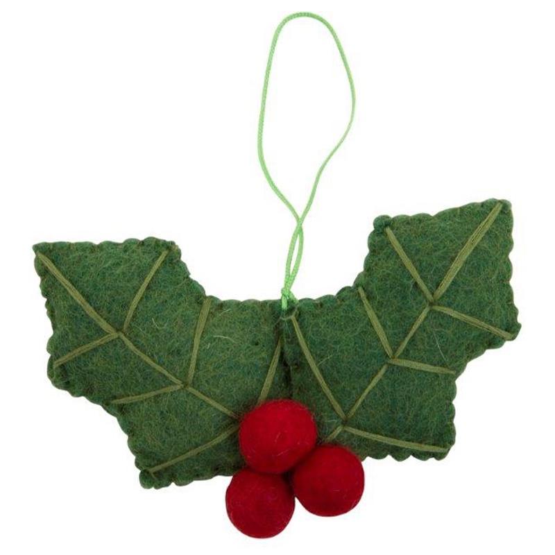 Pashom Nepal Felt Christmas Decoration - Holly Leaves felt holly ornament with green leaves and red berries, handmade in Nepal
