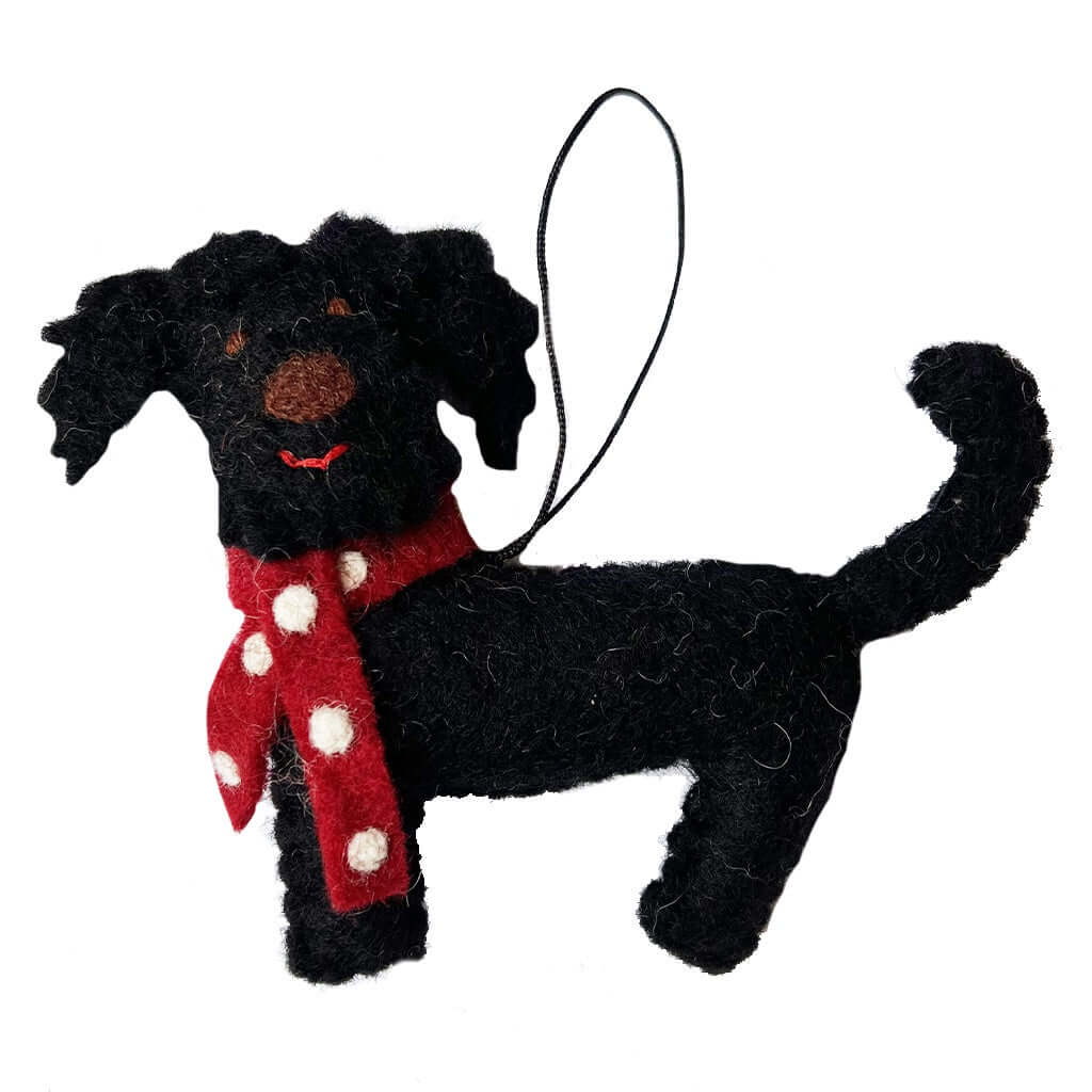 Pashom Nepal Felt Christmas Decoration - Labradoodle in a Scarf black felt dog ornament with red polka dot scarf