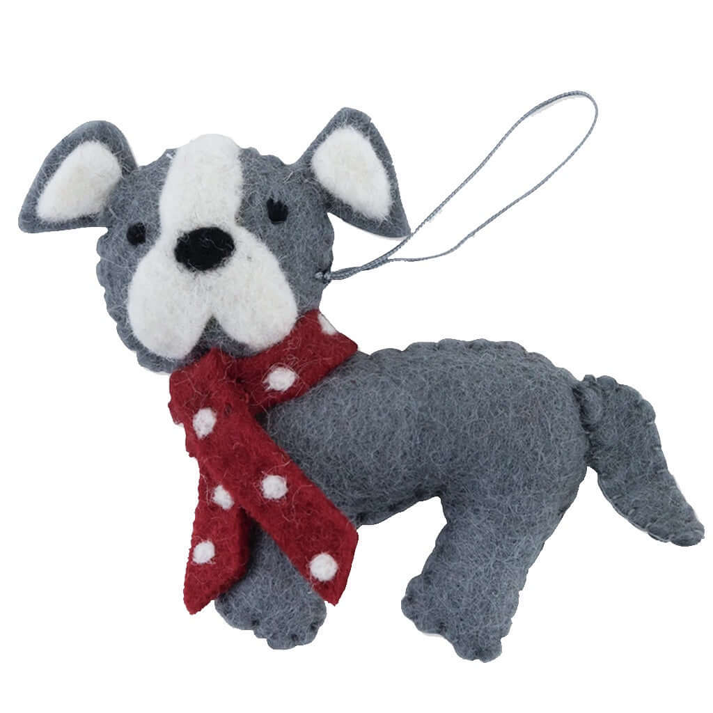 Pashom Nepal Felt Christmas Decoration - Staffy in a Scarf handmade felt dog ornament with red polka dot scarf