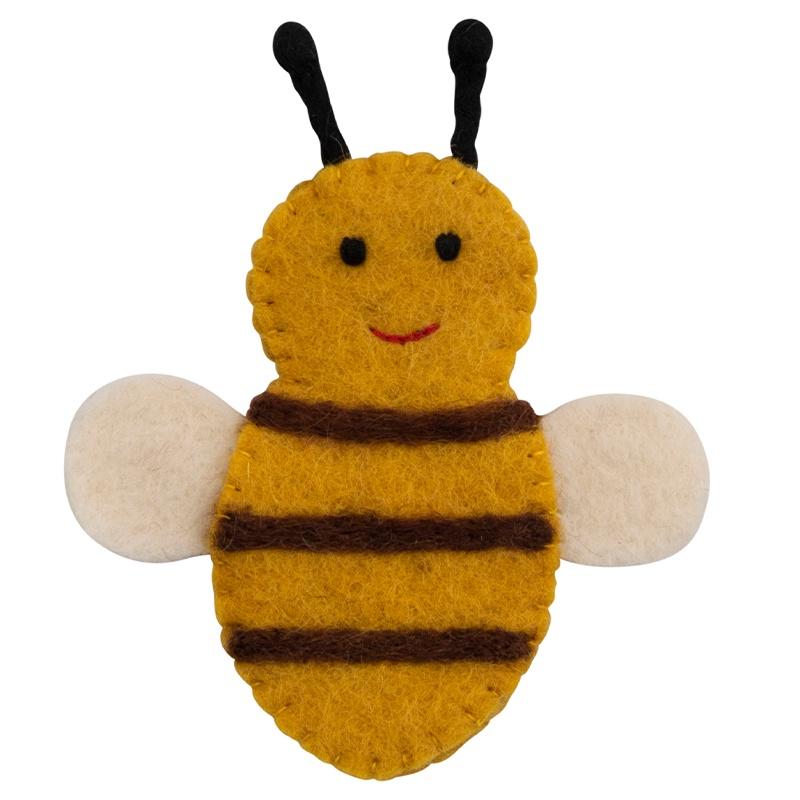 A handmade felt finger puppet shaped like a bee, with a smiling face and brown and black coloring.
