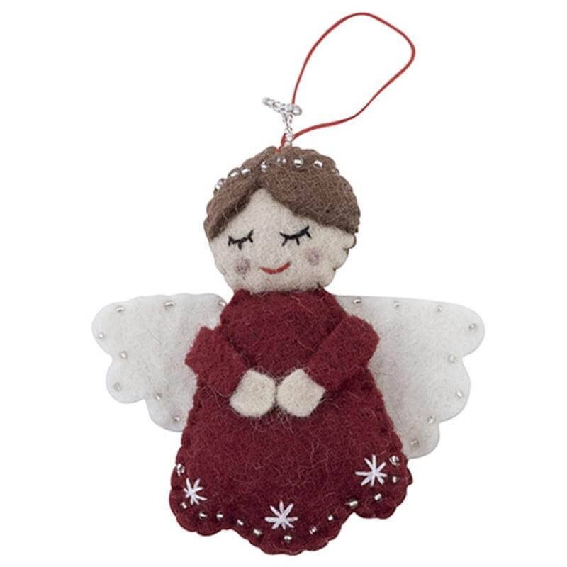 Pashom Nepal Felt Christmas Decoration - Angel with Halo handmade felt angel ornament with halo, red dress, white wings hanging decor