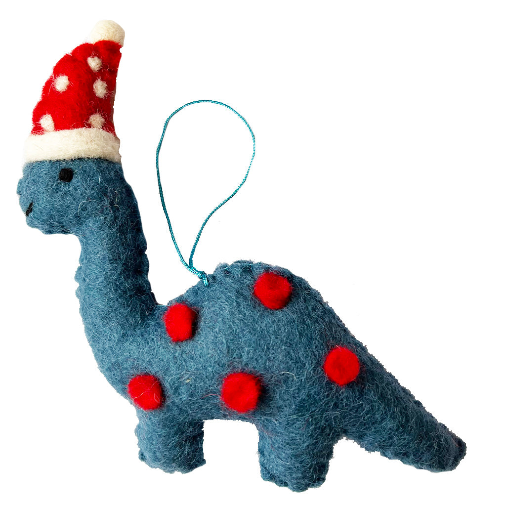 Blue felt dinosaur ornament with a Santa hat on a white background