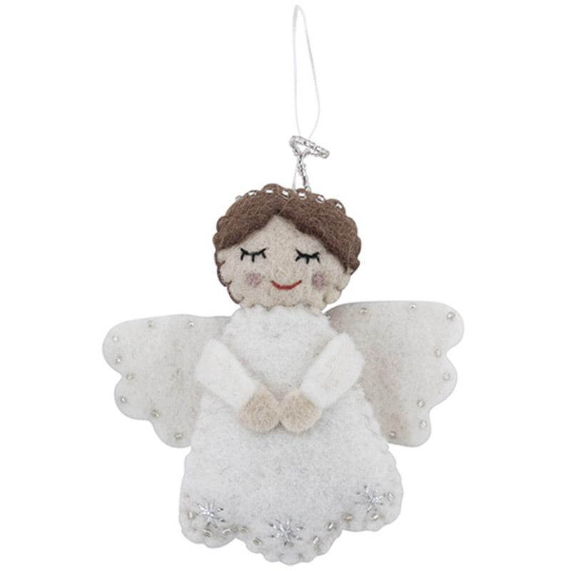 Pashom Nepal Felt Christmas Decoration - Angel with Halo white felt angel ornament with wings and hanging loop