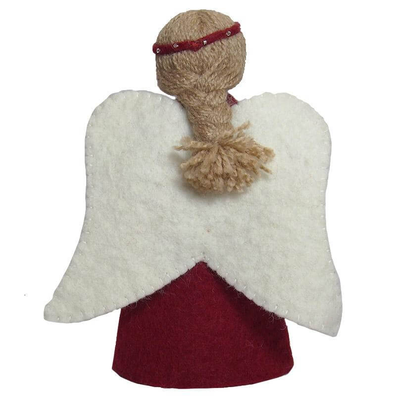 Pashom Nepal Felt Christmas Angel Tree Topper handmade eco-friendly felt angel with white wings and red dress