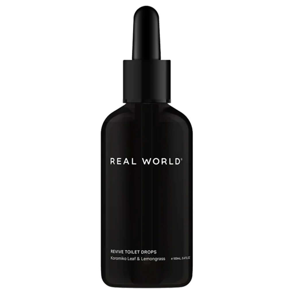 Alt Tag: Real World NZ Revive Toilet Drops - Koromiko Leaf & Lemongrass 100ml glass dropper bottle bathroom deodoriser