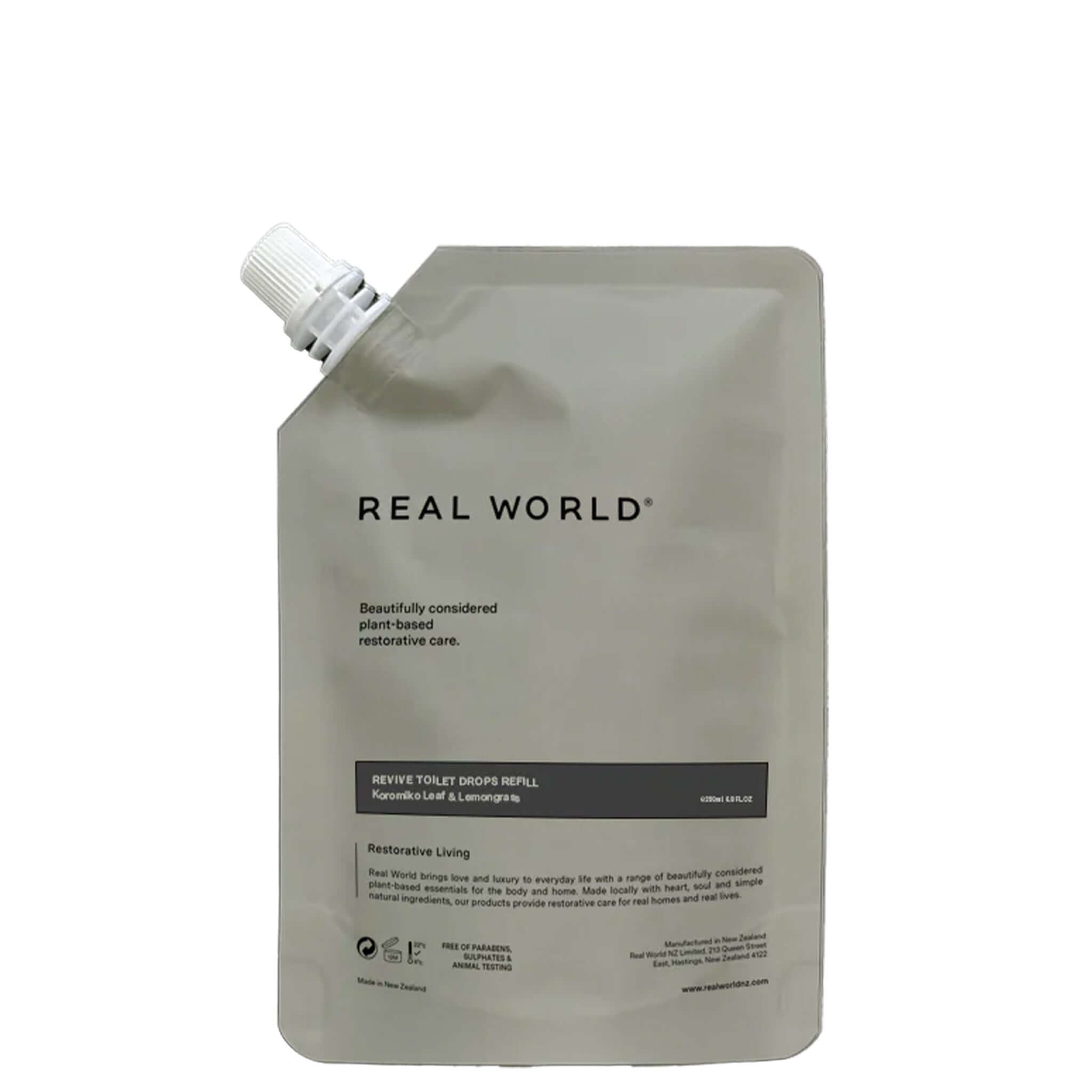 Alt Tag: Real World NZ Revive Toilet Drops 200ml Refill - Koromiko Leaf & Lemongrass refill pouch bathroom deodoriser, neutralises odours
