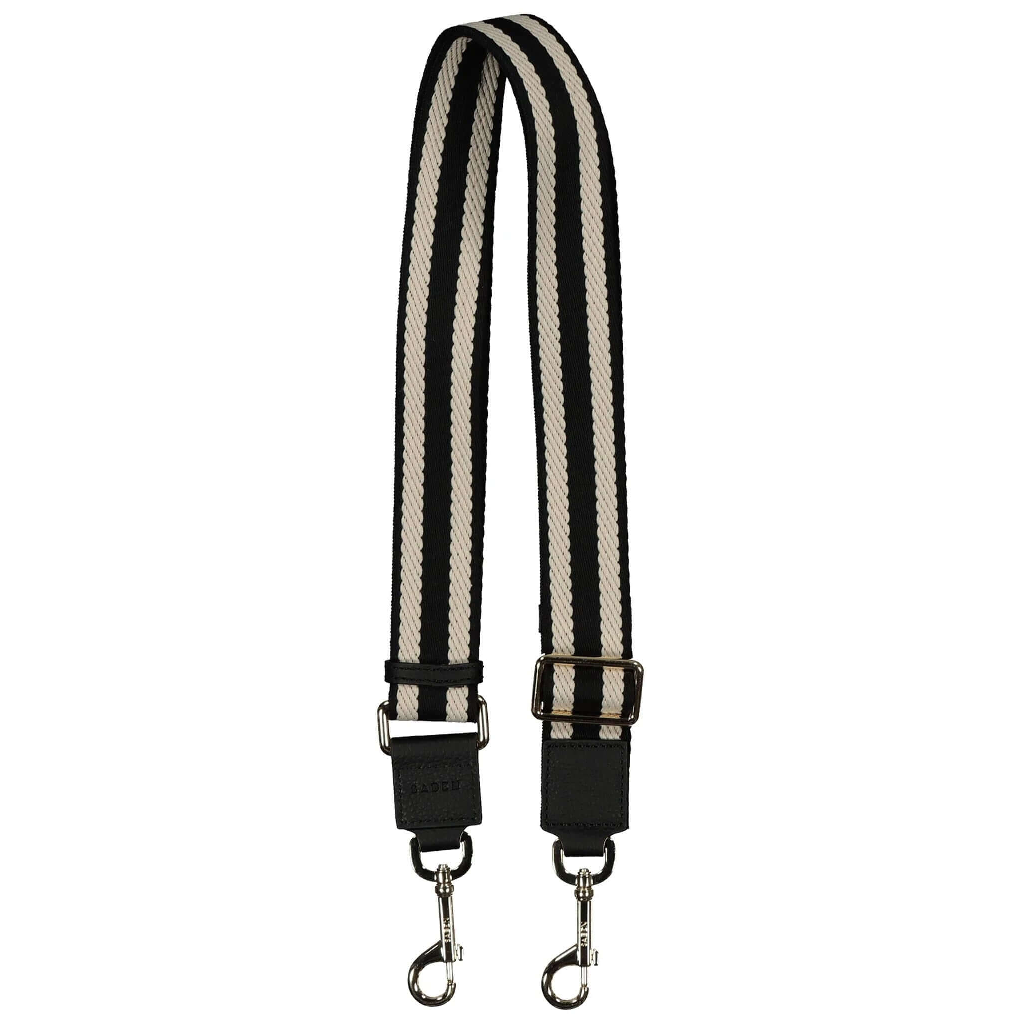 Alt Tag: Saben Feature Webbing Strap - Black & White Stripe cotton webbing bag strap with leather trim and gold-plated clips