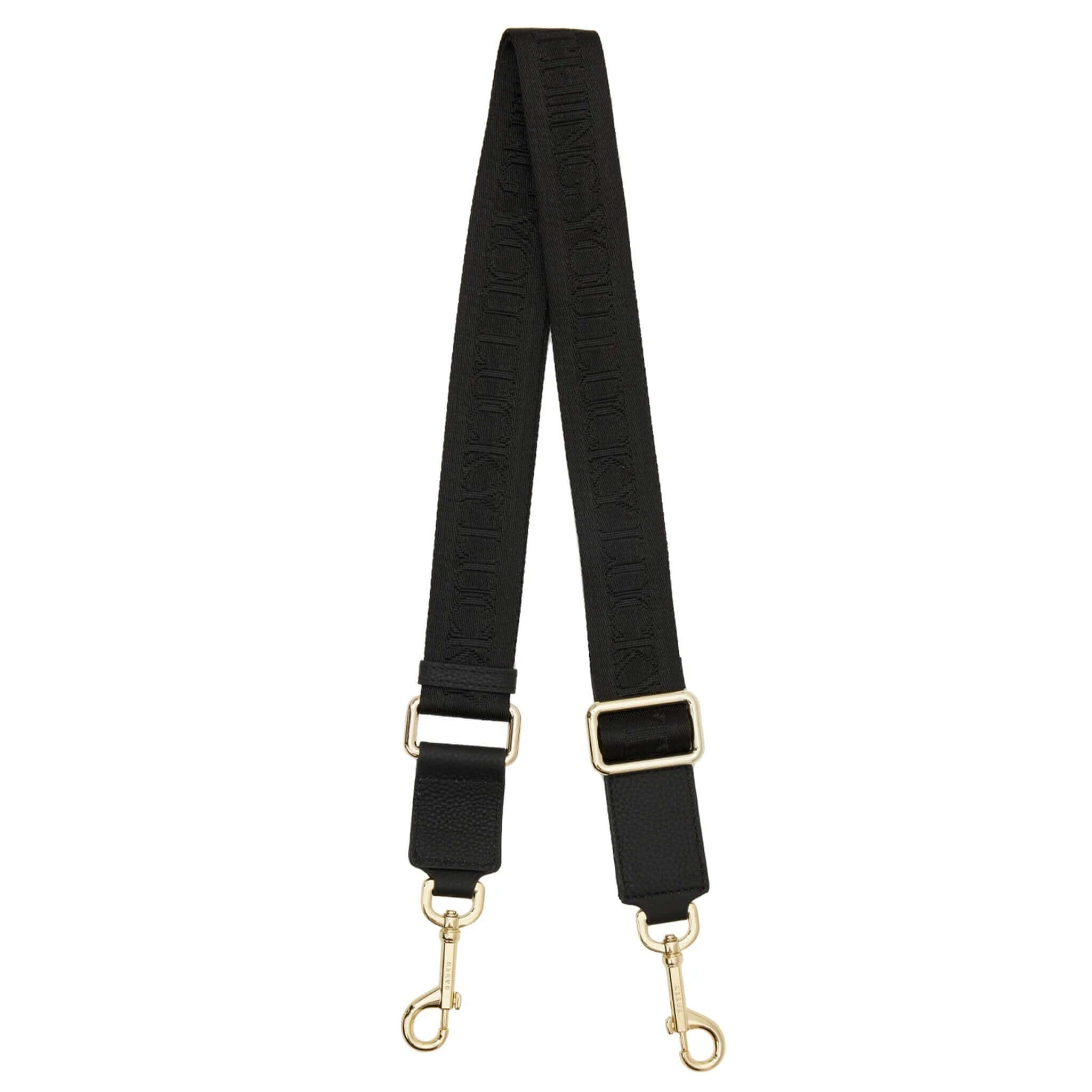 Alt Tag: Saben Feature Webbing Strap - Black You Lucky Thing black cotton webbing bag strap with leather trim and gold-plated hardware