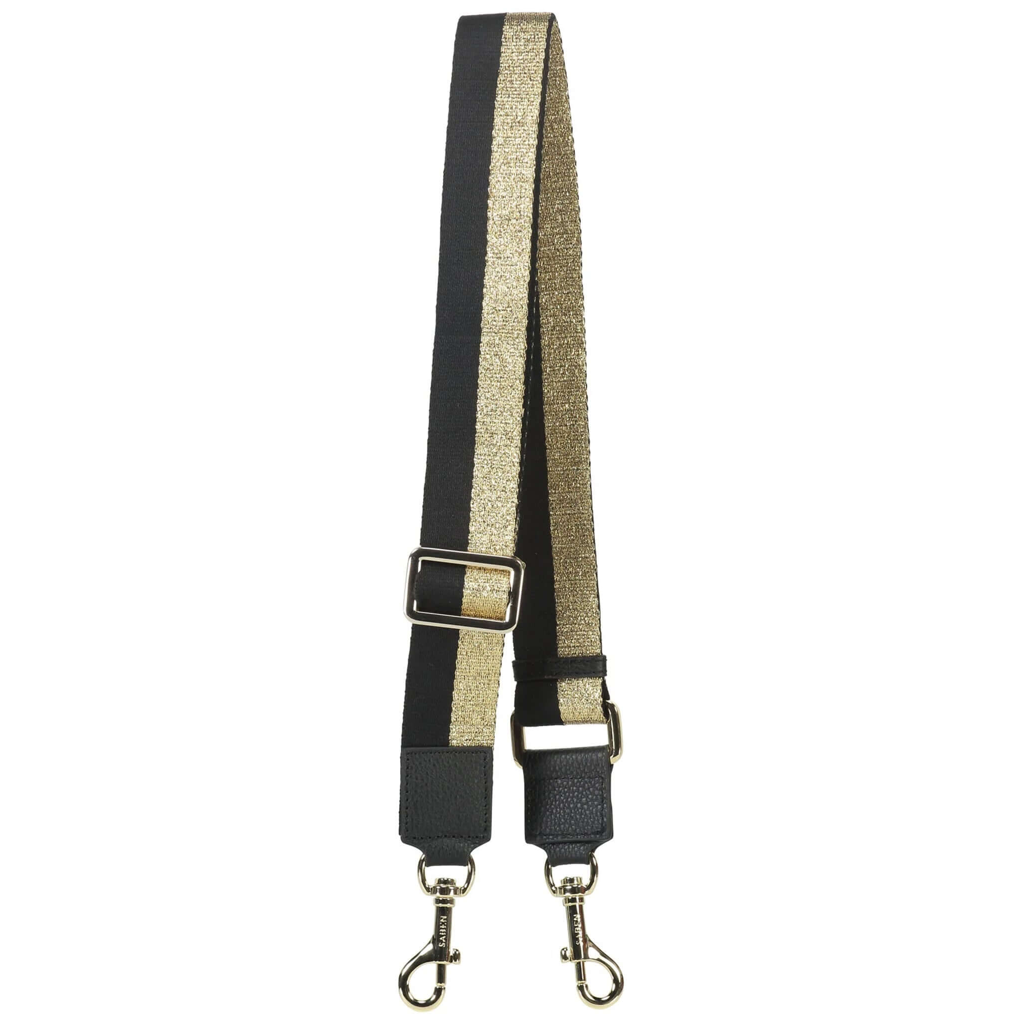 Alt Tag: Saben Feature Webbing Strap - Gold & Black Stripe adjustable cotton webbing bag strap with leather trim and gold hardware