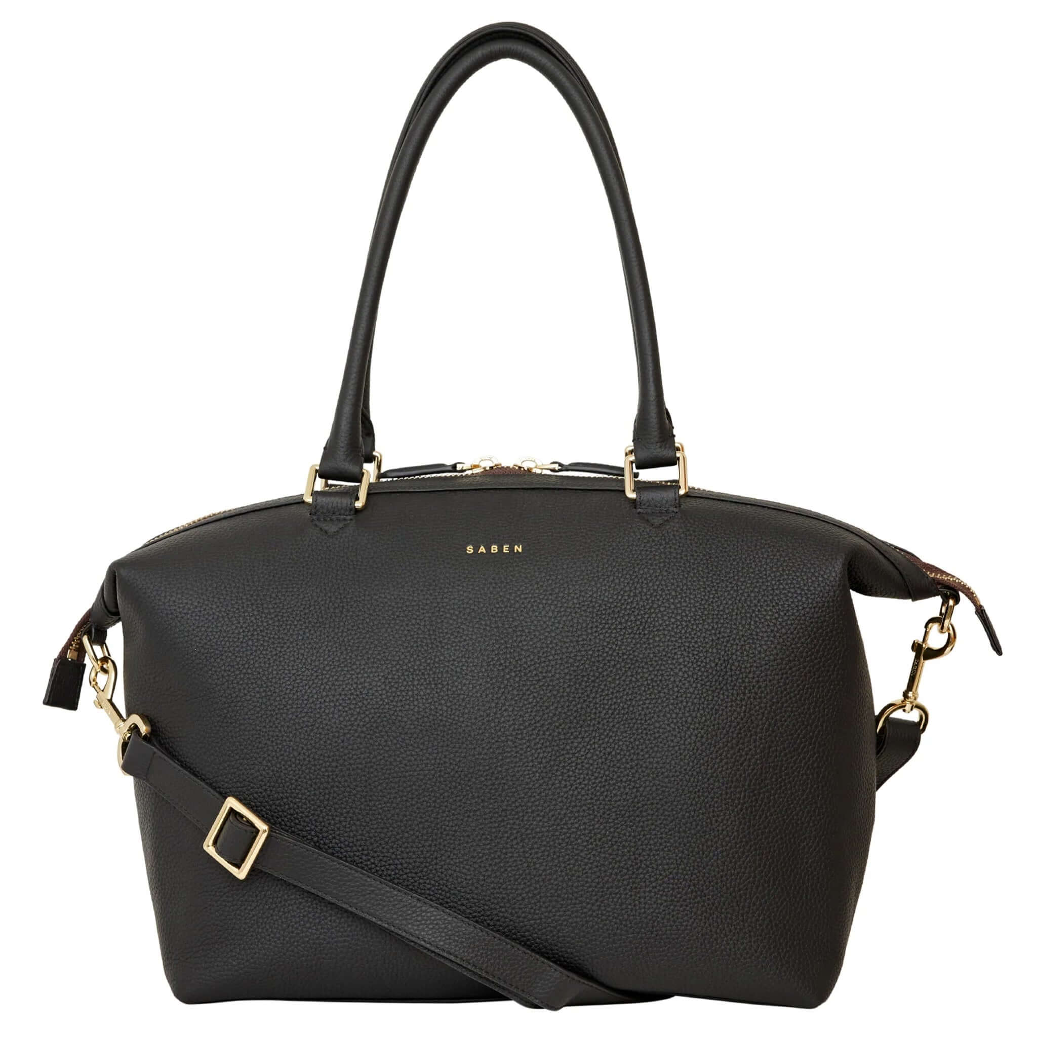 Alt Tag: Saben Milan Carry-All Bag - Black leather carry-all tote with top handles, detachable shoulder strap and gold hardware