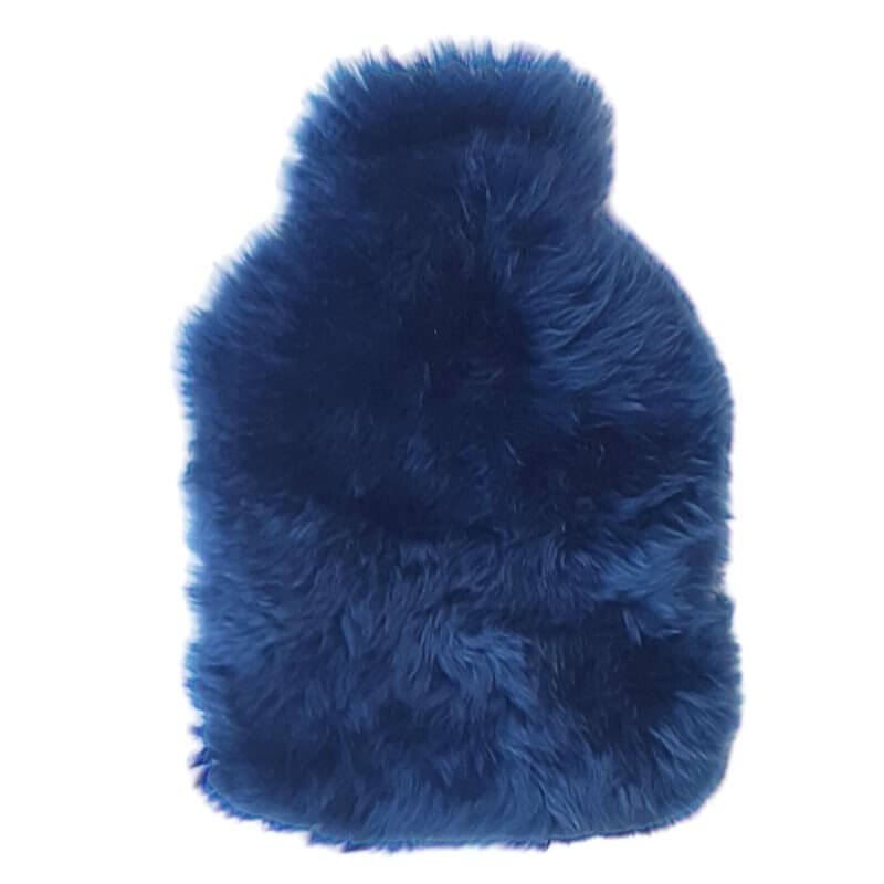 Alt Tag: Long Wool Sheepskin Hot Water Bottle Cover - Delft blue long wool sheepskin cover with zip closure and brush cotton back