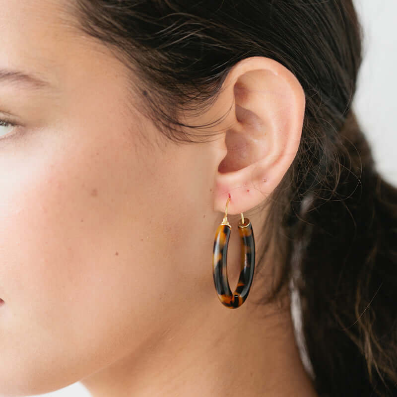 Sophie Hoop Loop Earrings - chunky tort acetate hoops with 14kt gold-plated brass