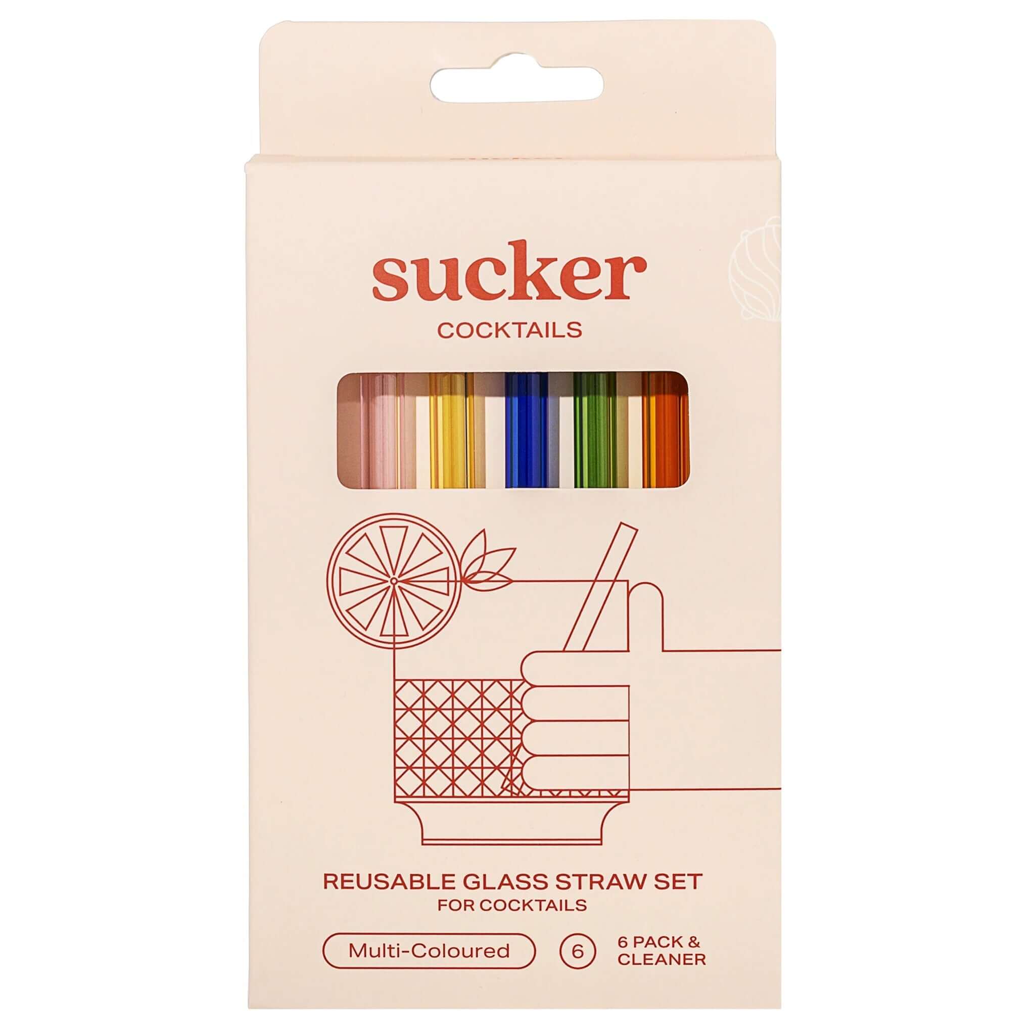 Alt Tag: Sucker Glass Cocktail Drinking Straw Set - Multi Colour reusable glass cocktail straw set multi-coloured 6 pack with cleaner