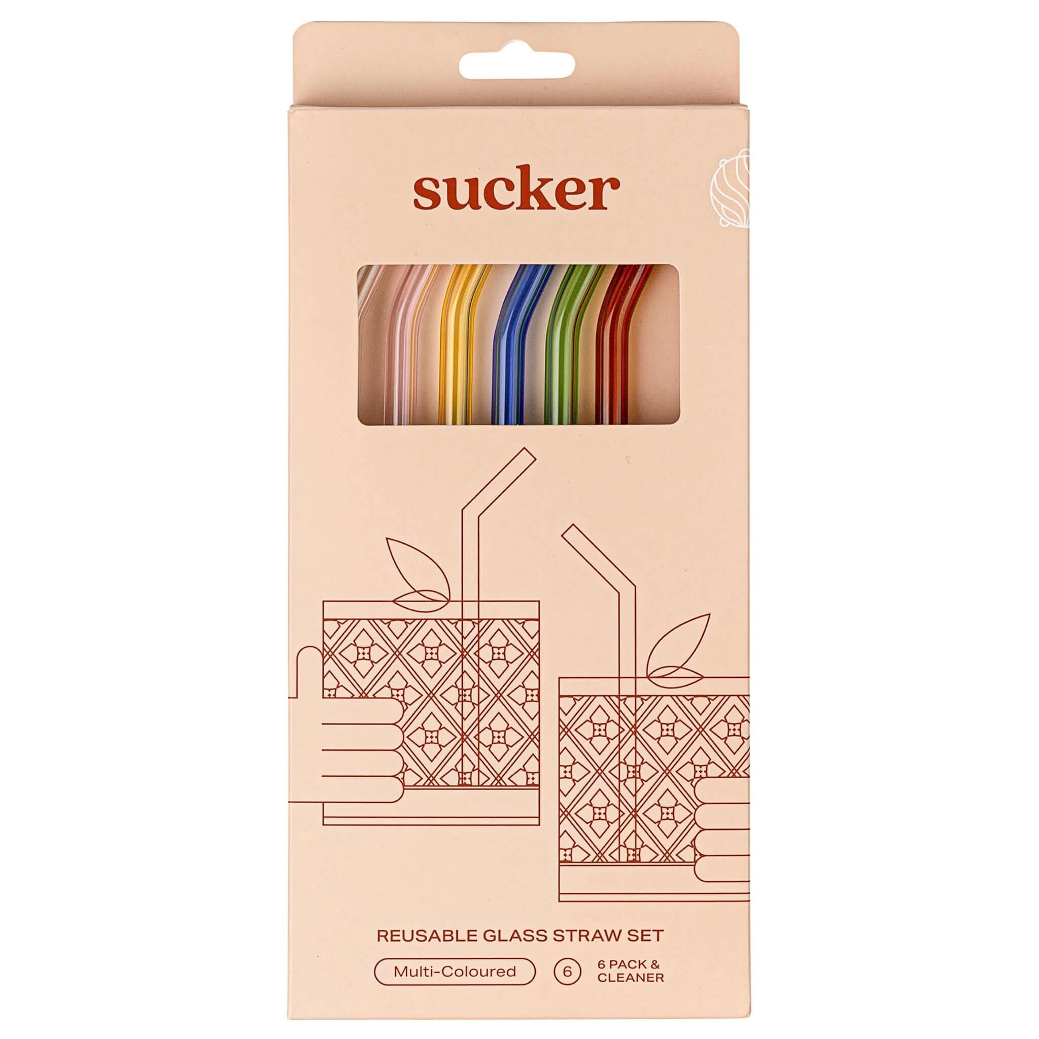 Alt Tag: Sucker Glass Drinking Straw Set - Multi Colour reusable multi-coloured glass straws with cleaner, dishwasher-safe eco-friendly set
