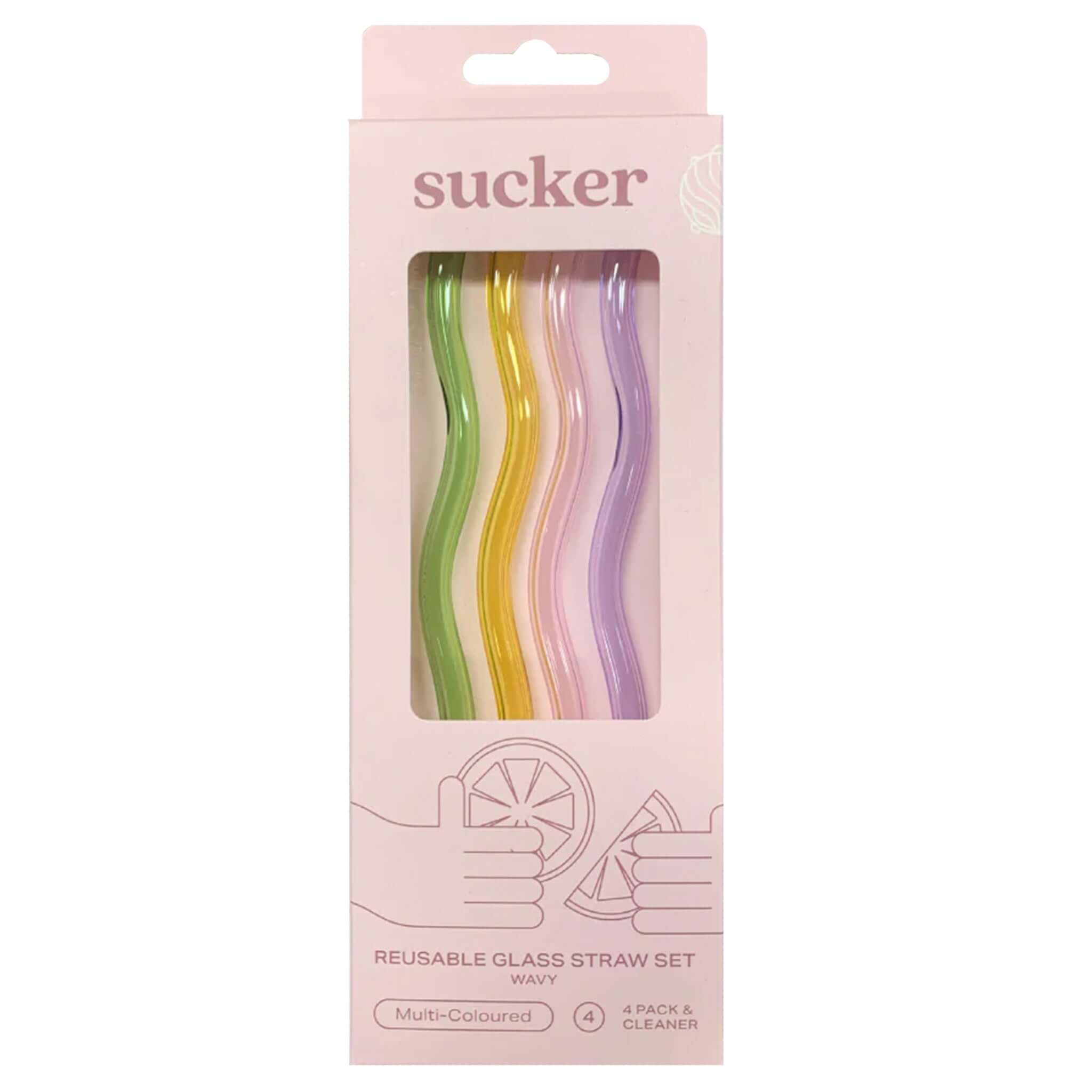 Alt Tag: Sucker Glass Wavy Drinking Straw Set - Multi Colour reusable wavy glass straws multi-colour pack in box eco-friendly cocktail straw set