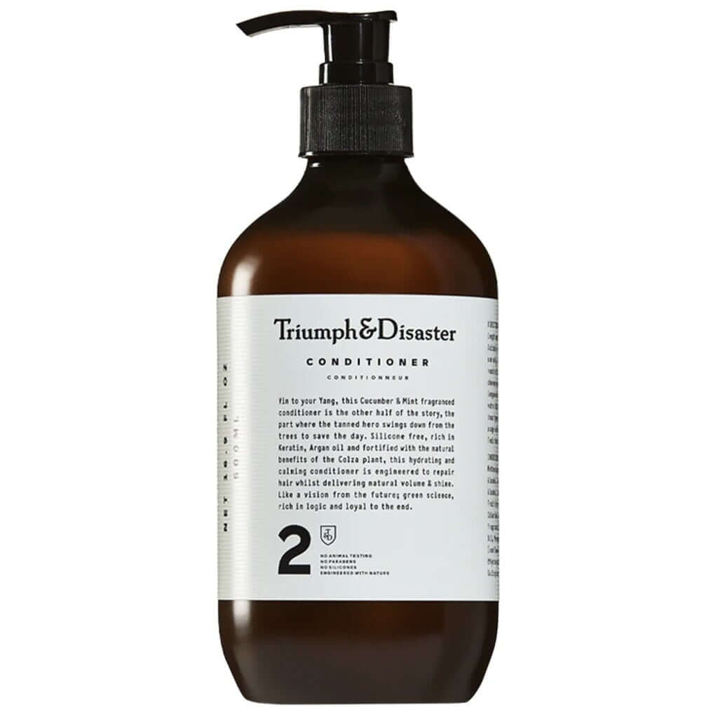 Alt Tag: Triumph & Disaster Conditioner bottle with pump, cucumber & mint silicone-free keratin and argan oil hydrating hair conditioner