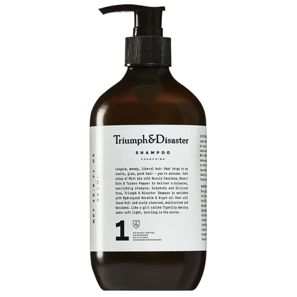 Triumph & Disaster Shampoo pump bottle sulphate and silicone free with mint, acacia concinna, keratin and argan oil
