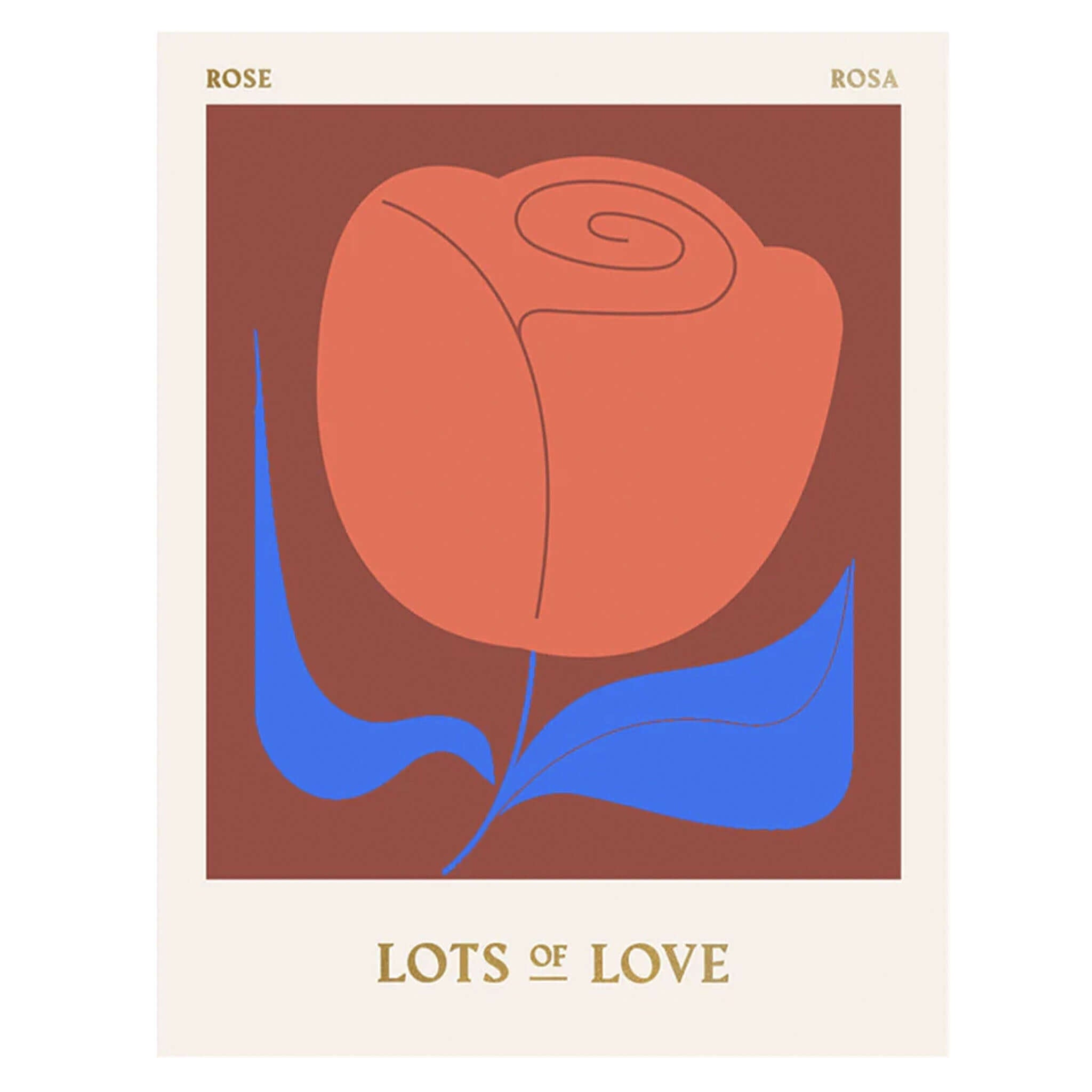 Alt Tag: 1973 Darling Clementine Card - Rose Lots of Love greeting card with bold modern rose illustration and “Lots of Love” text