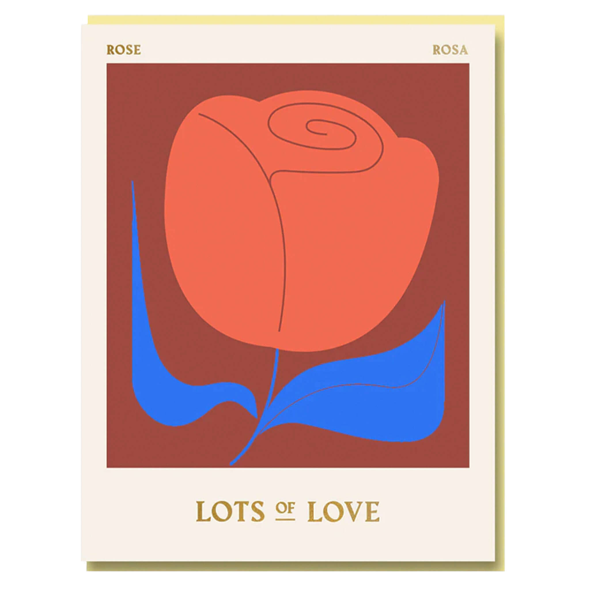 Alt Tag: 1973 Darling Clementine Card - Rose Lots of Love greeting card with modern rose illustration and “Lots of Love” message