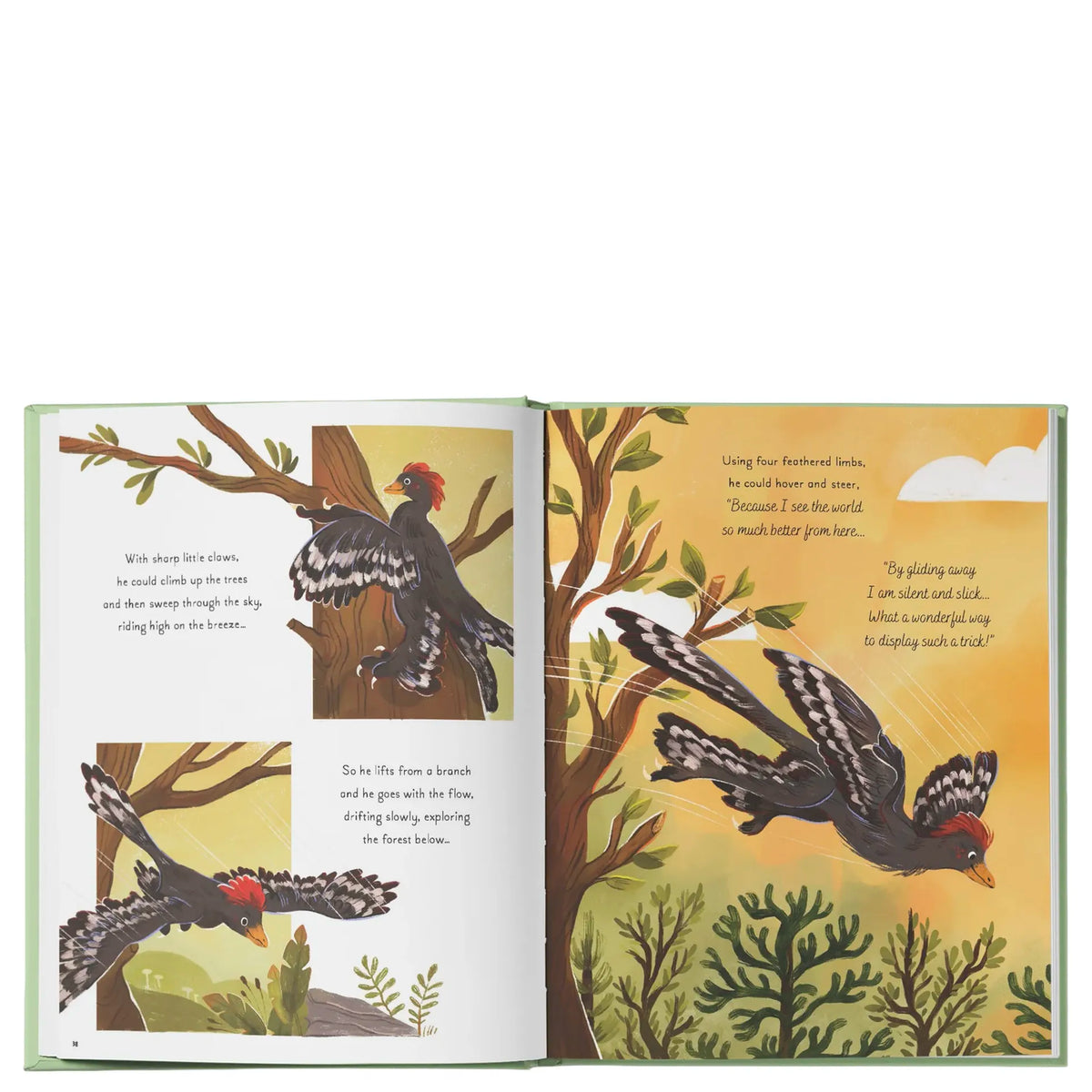 Open pages of 5 Minute Dinosaur Stories showing an illustrated feathered dinosaur flying through trees