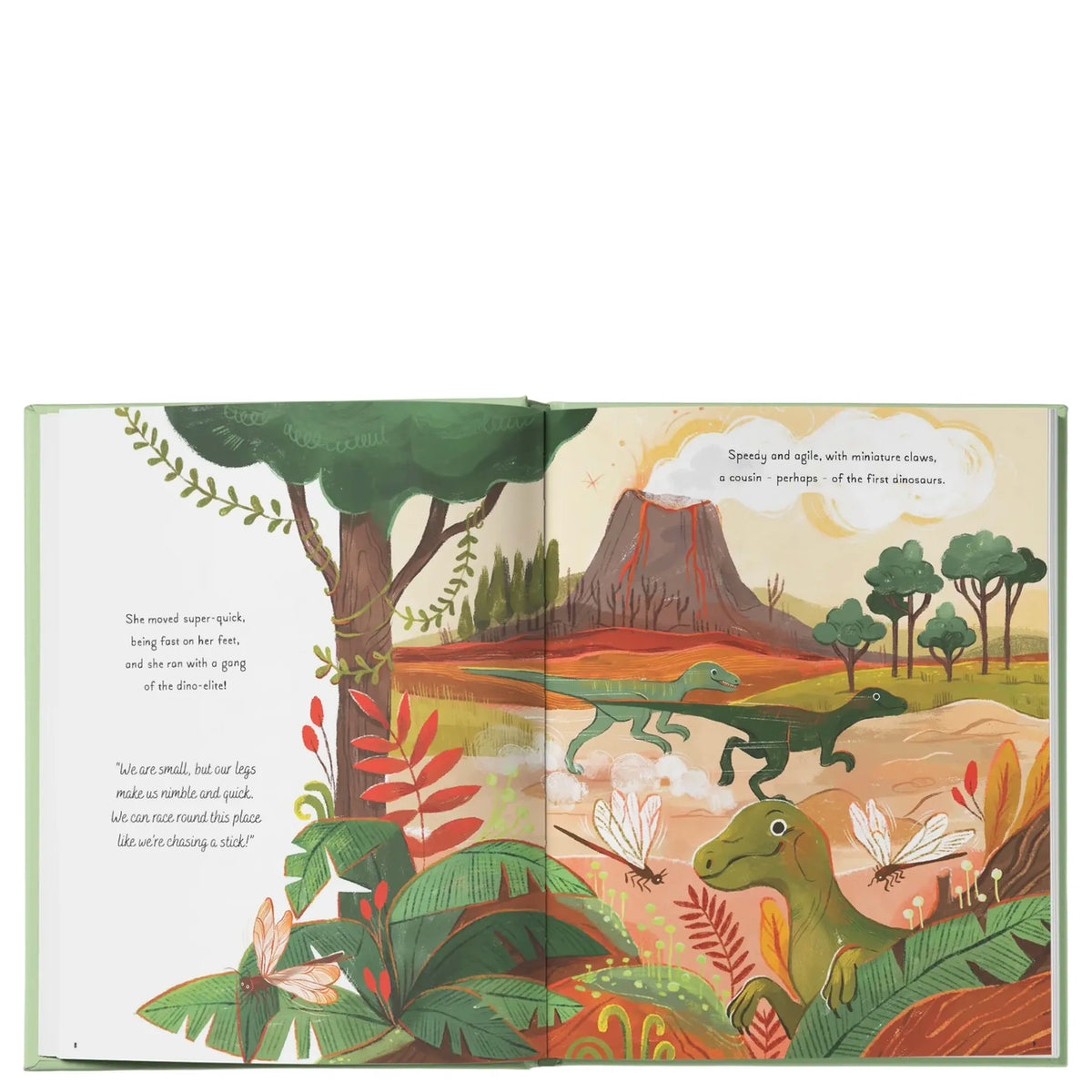 Open pages of 5 Minute Dinosaur Stories with small dinosaurs running near a volcano