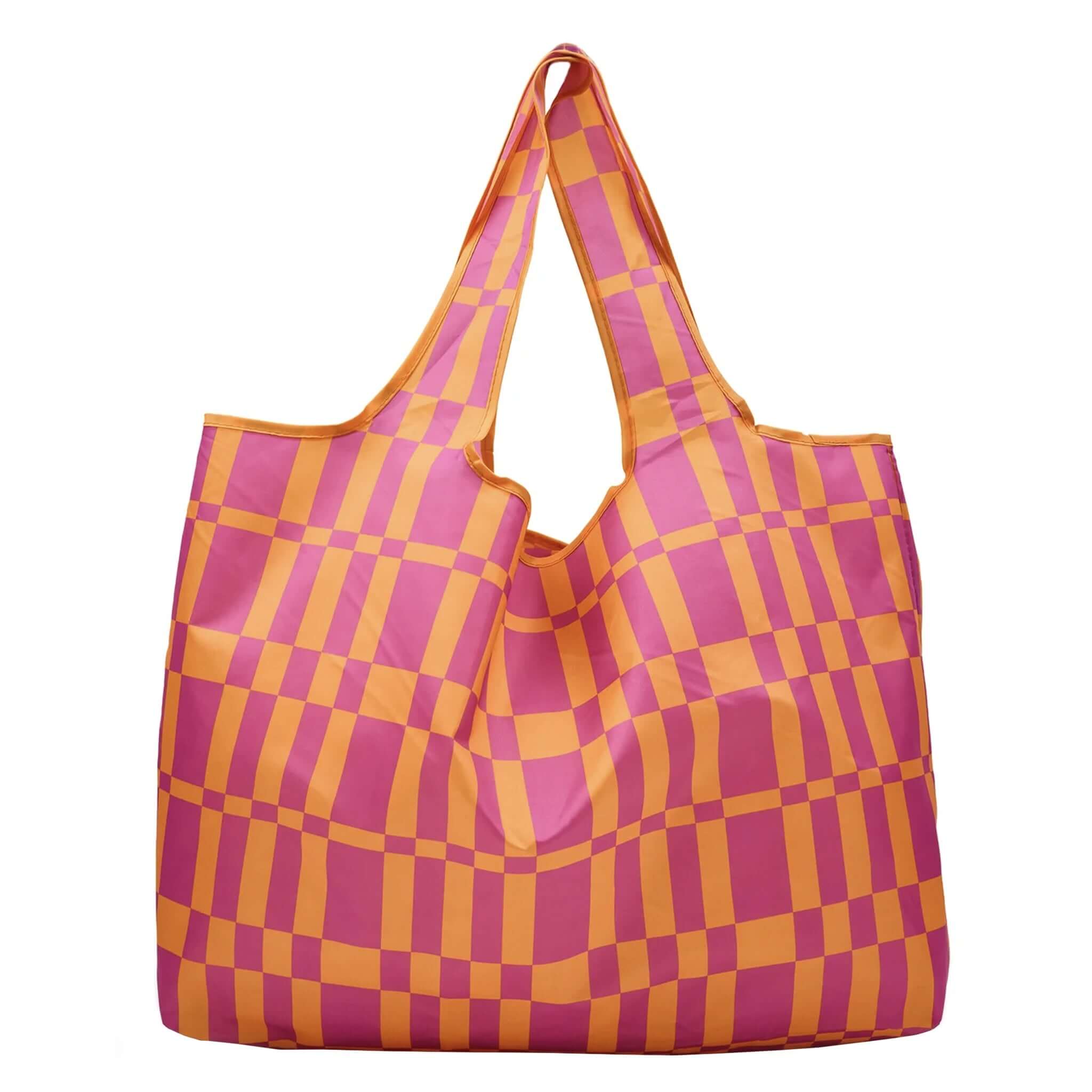 Any Day Now Any Where Tote - Orange & Purple in bold graphic design, showcasing bright colors and spacious 25L capacity.