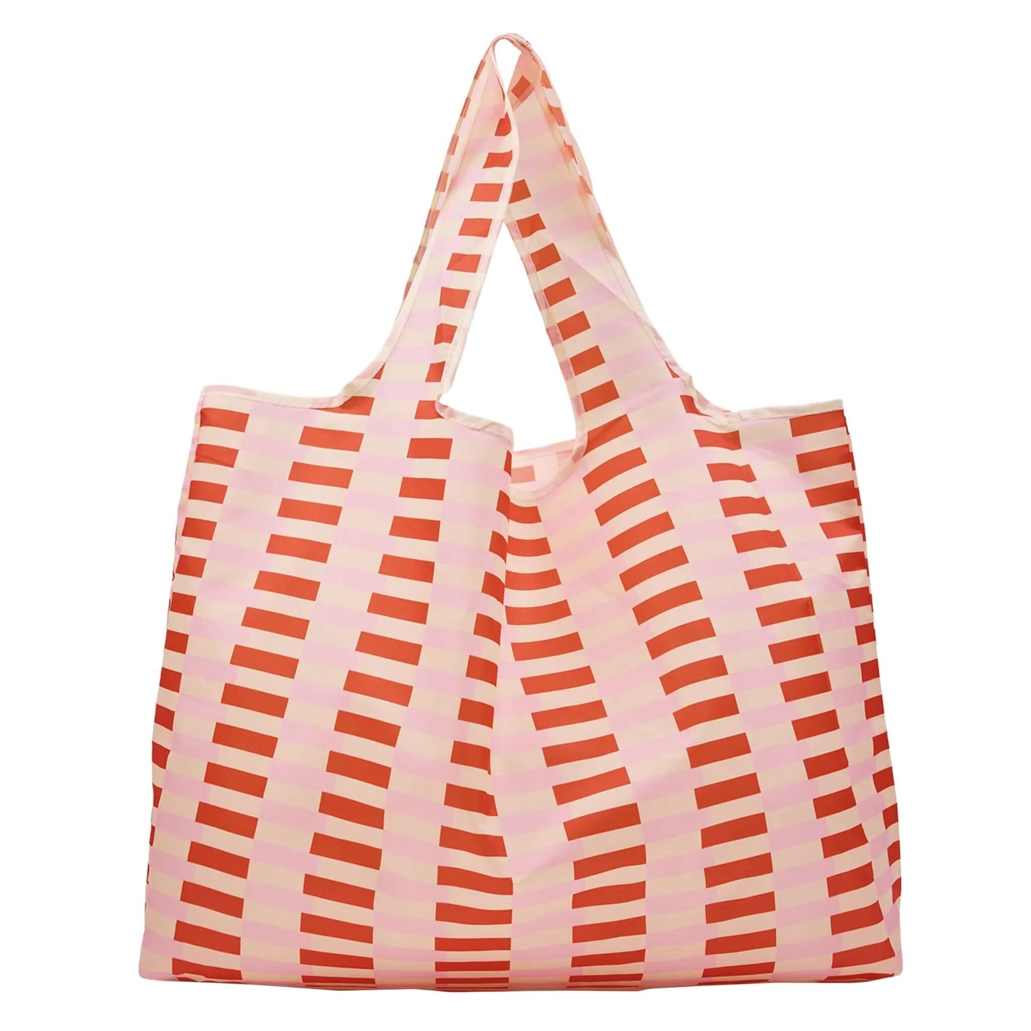 Any Day Now Any Where Tote - Pink & Red bold graphic nylon tote with pink and red stripes.