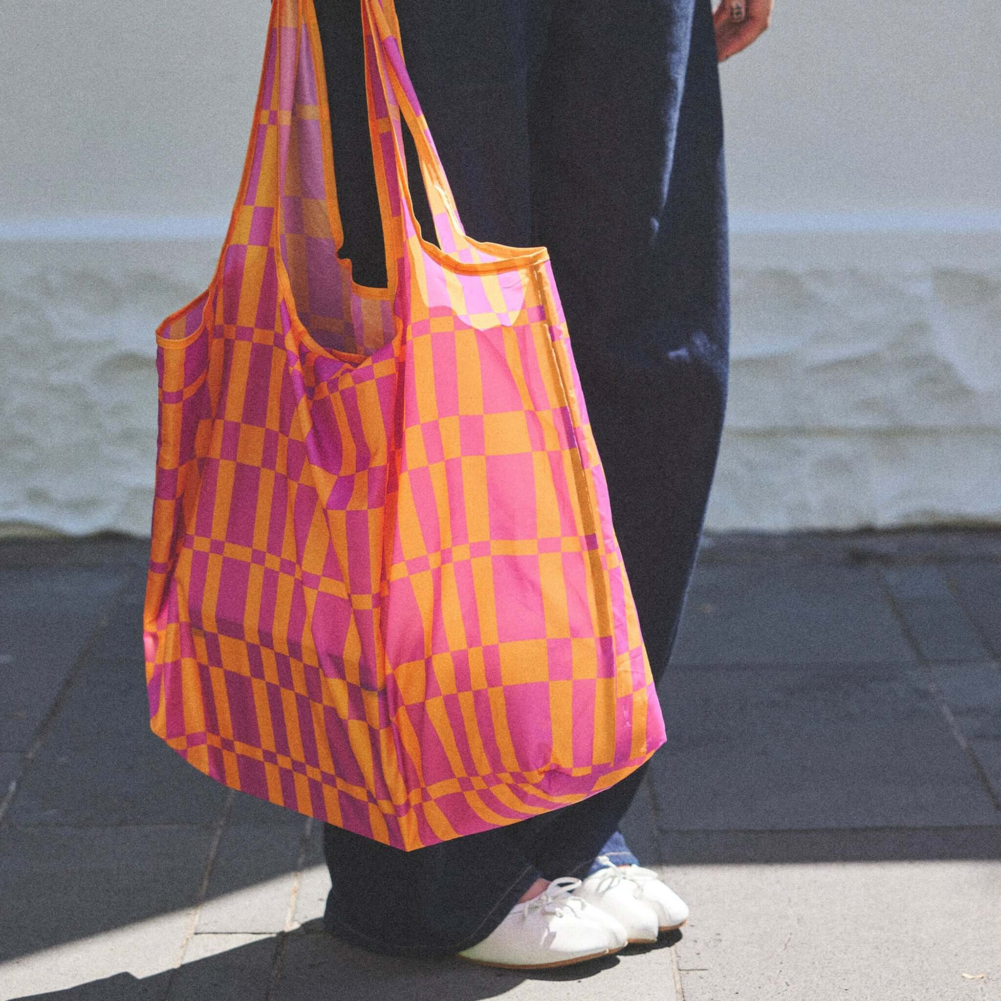 Any Day Now Any Where Tote - Orange & Purple in a bold graphic design, perfect for any occasion.