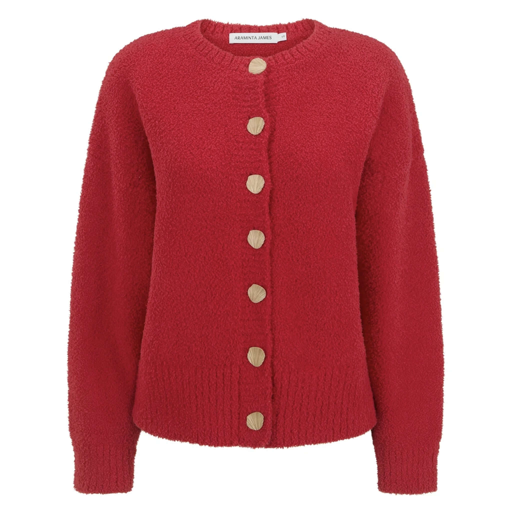 Araminta James Aimes Shell Cardigan - Deep Coral front view with gold shell buttons and cozy knit texture.