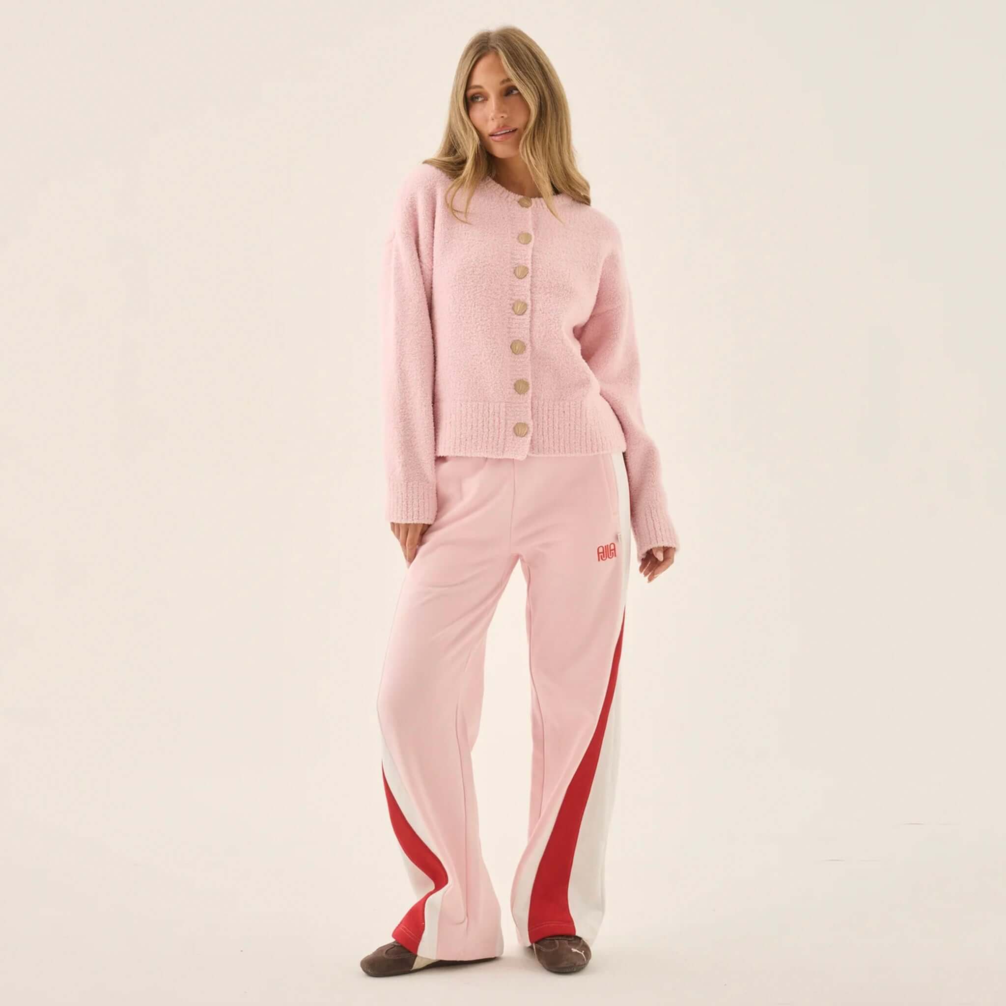 Araminta James Aimes Shell Cardigan - Ballet Pink, soft pink cardigan styled with relaxed pants.