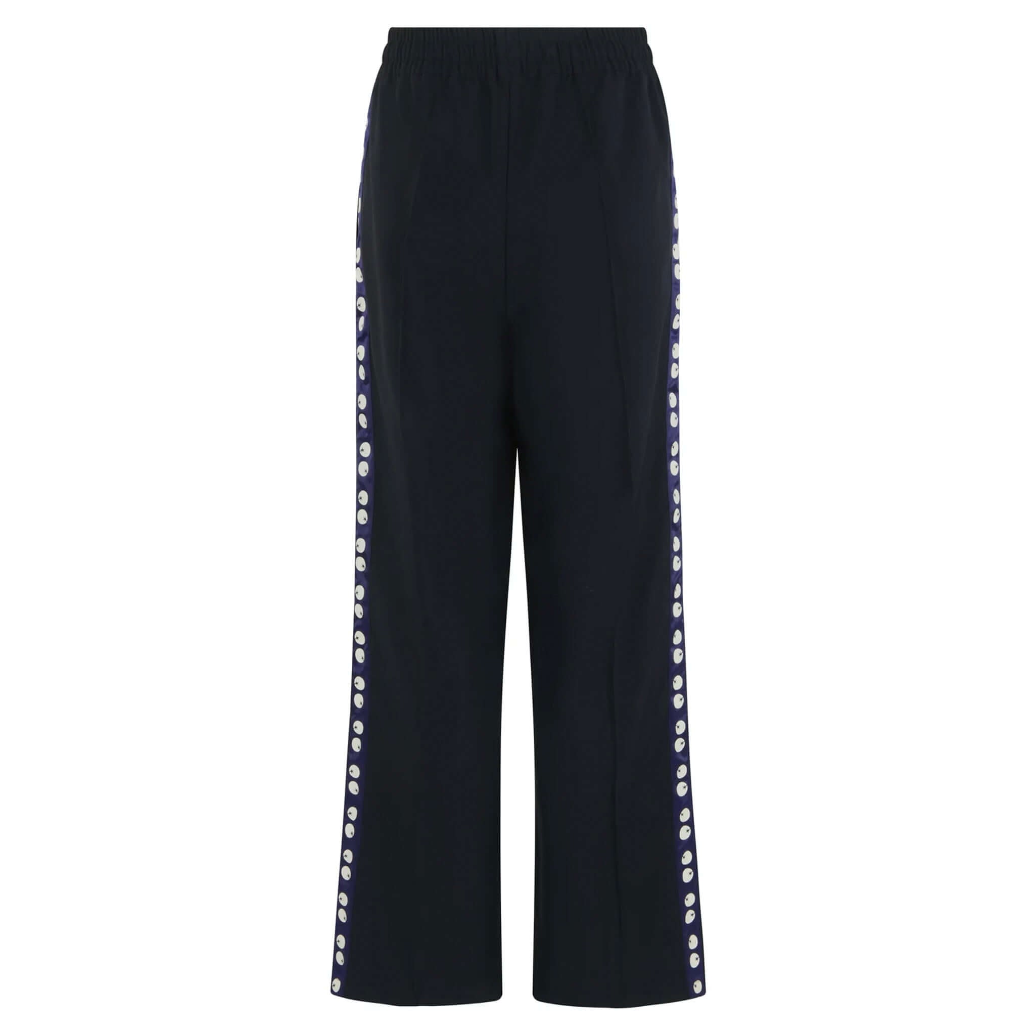 Araminta James Pomodoro Twill Pants - Midnight Navy with snap-stud satin side trims and straight-leg cut.