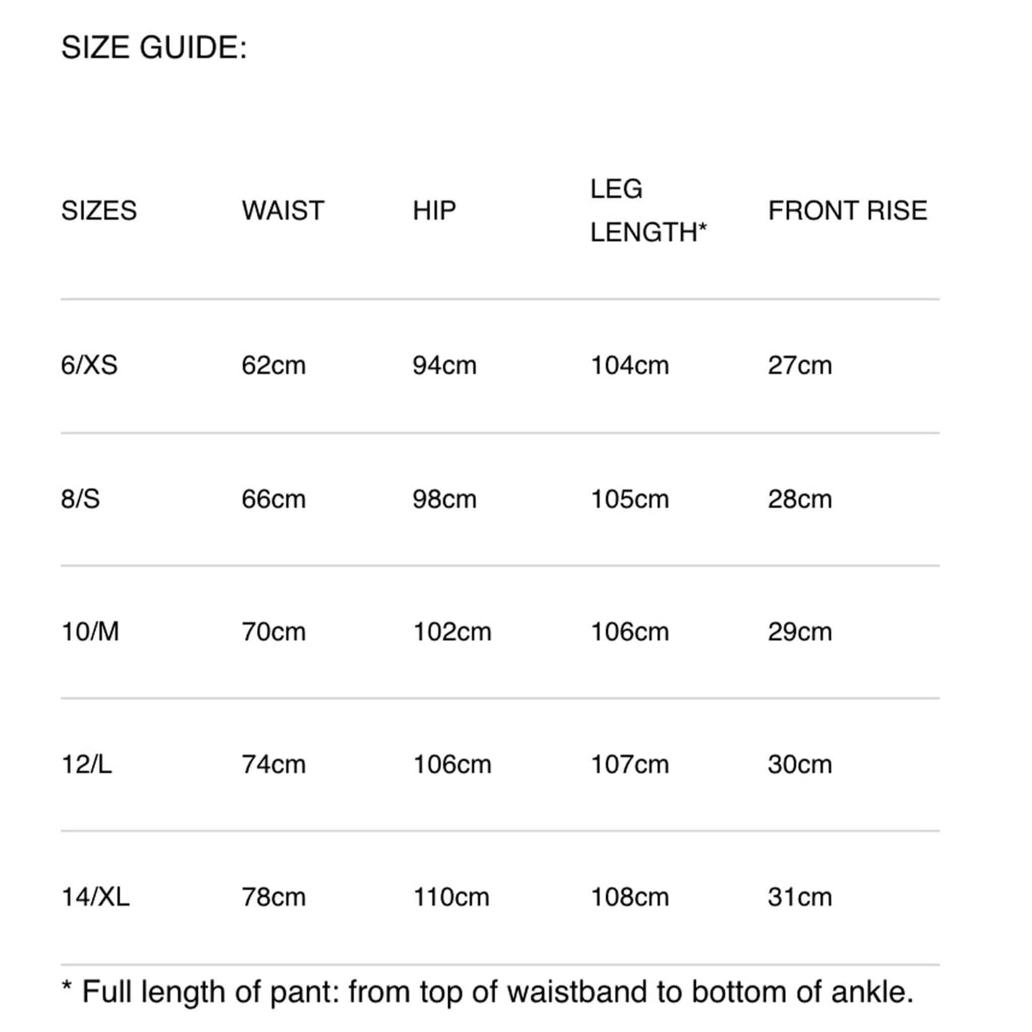 Size guide for Araminta James Pomodoro Twill Pants - Midnight Navy including waist, hip, leg length and front rise measurements.
