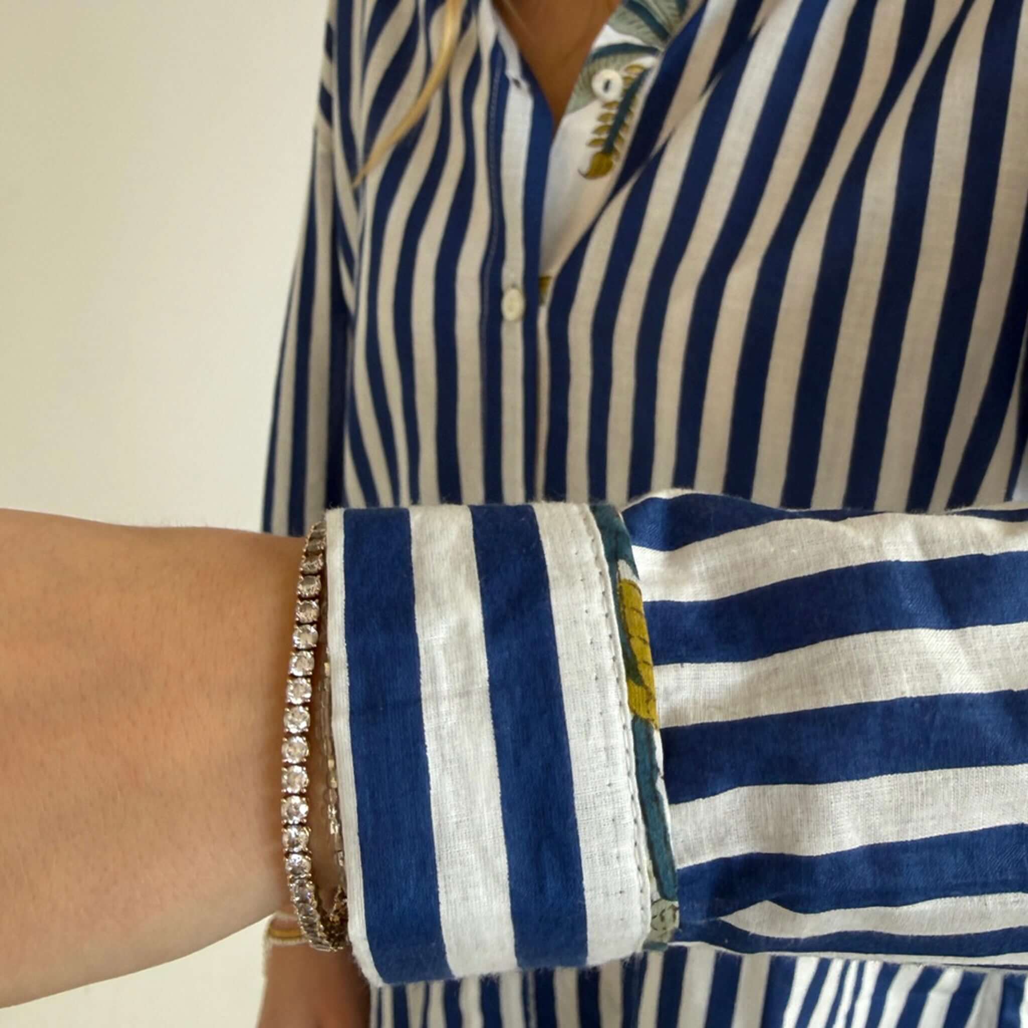 Art In My Wardrobe Annie Shirt -  Blue featuring bold stripes and floral cuff detail.