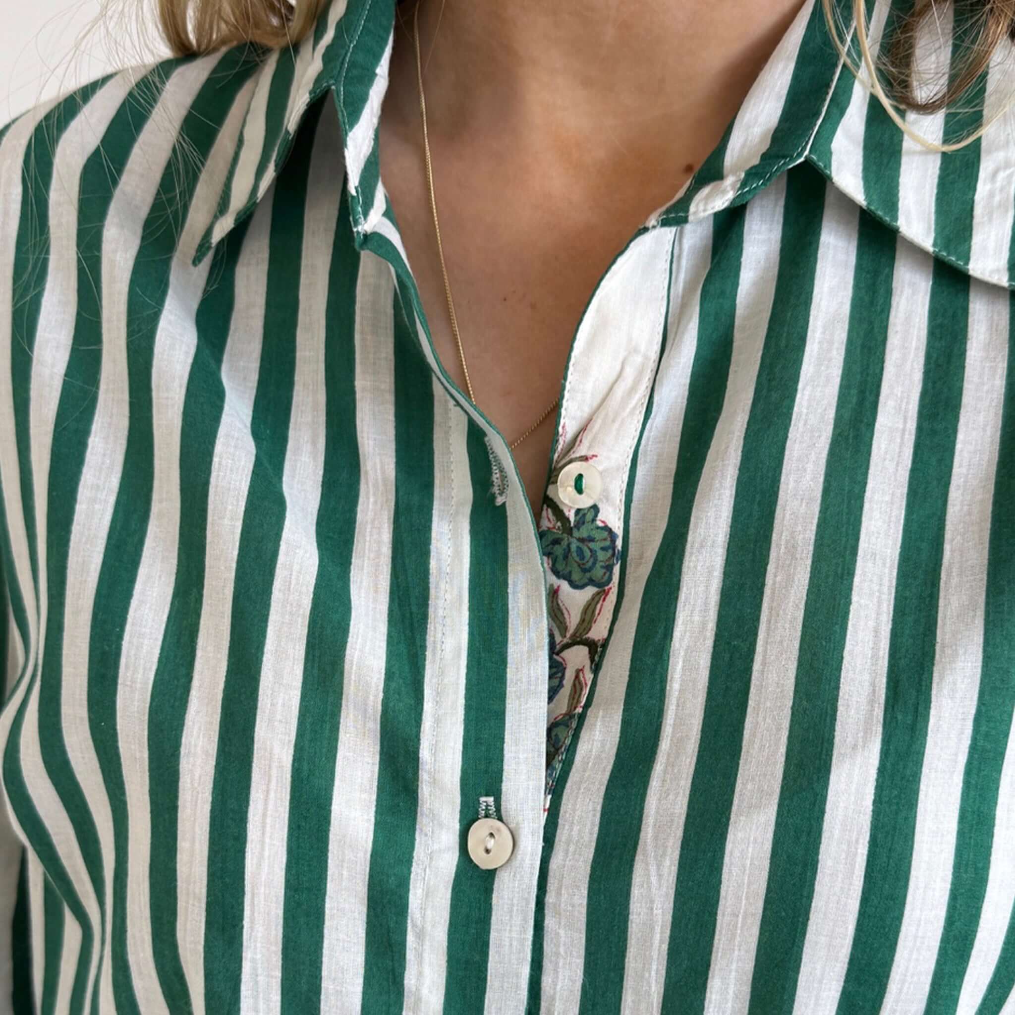 Art In My Wardrobe Annie Shirt - Green features bold green and white stripes and a floral placket detail.
