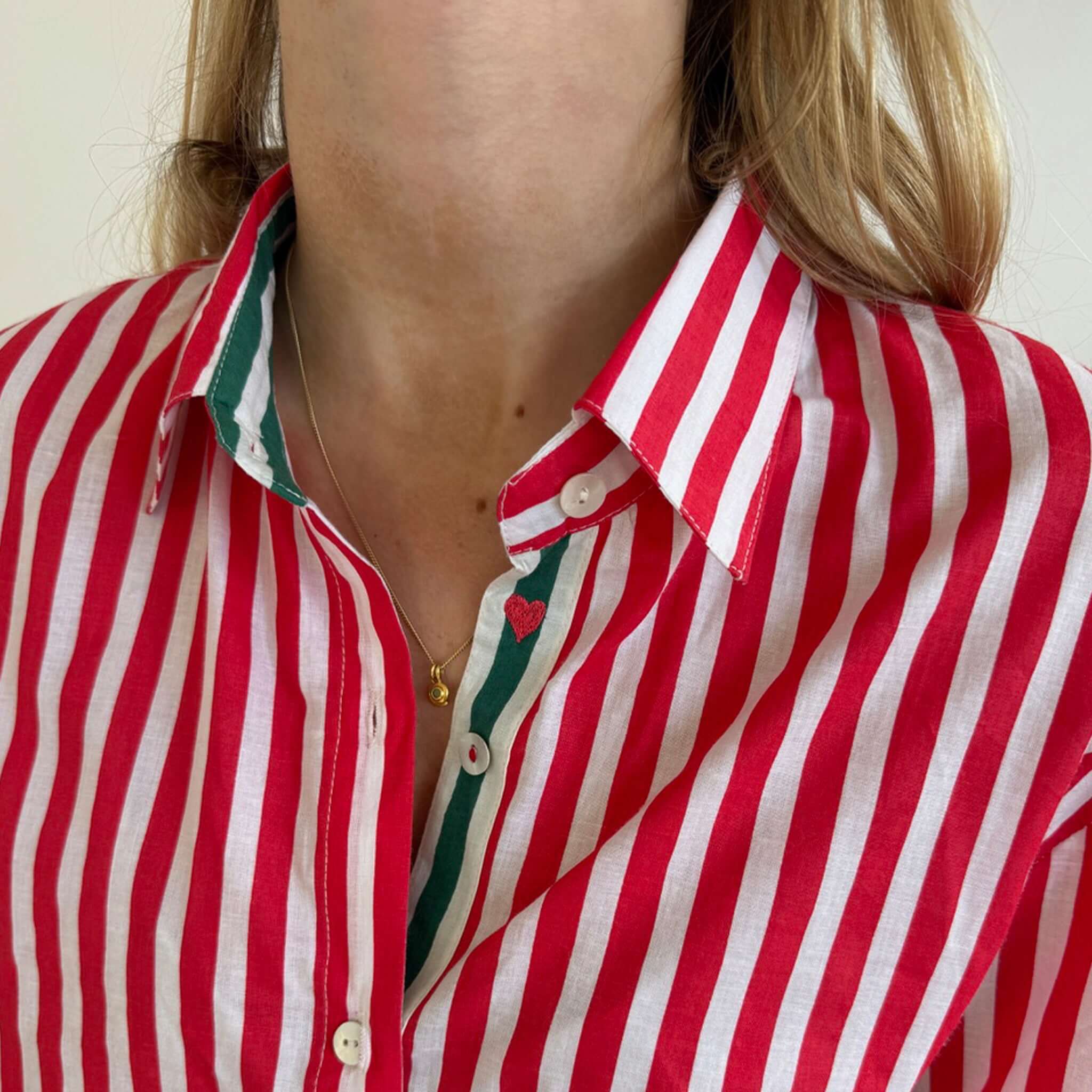 Art In My Wardrobe Annie Shirt - Red featuring bold red and white stripes and green placket with embroidered heart.