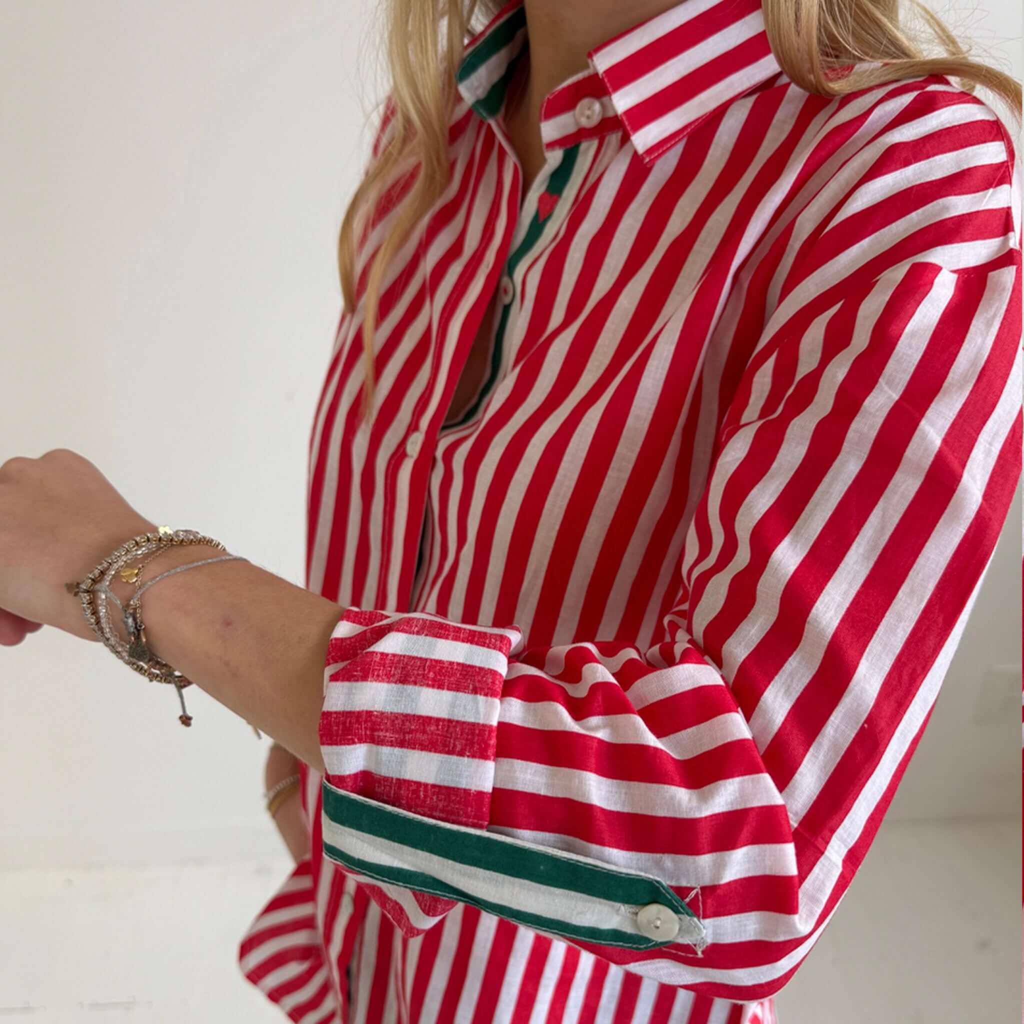Art In My Wardrobe Annie Shirt - Red with bold stripes and green details, showcasing a stylish look.