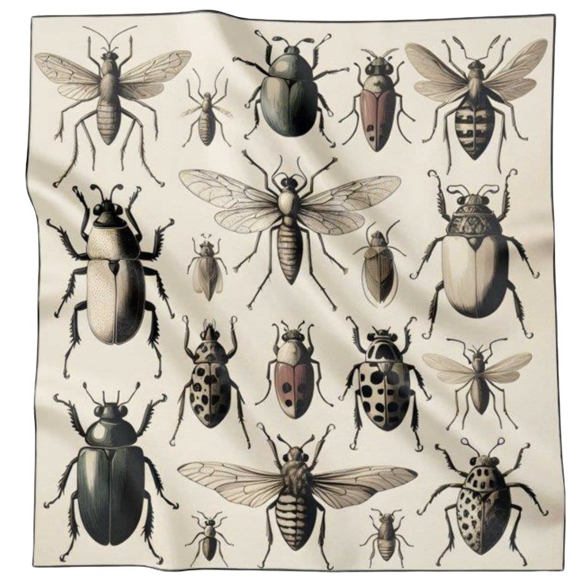 Alt Tag: Artifact Square Silk Scarf - Bugs with entomology insect print on cream silk twill, hand-rolled hem, 90x90cm