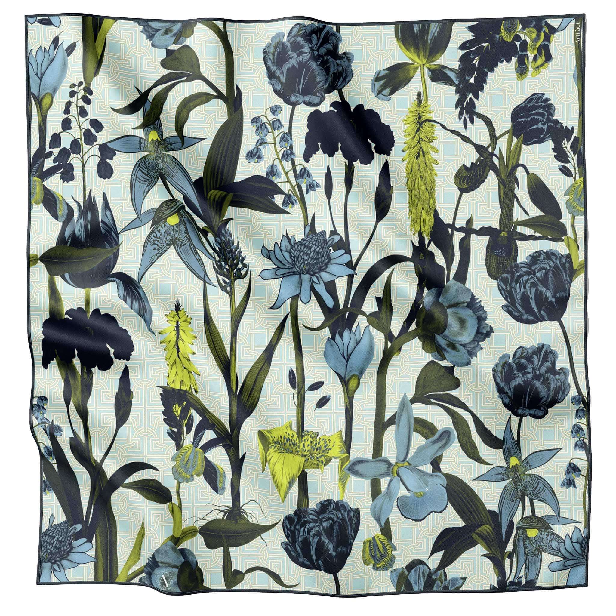 Alt Tag: Artifact Square Silk Scarf - Eos square silk twill scarf with hand-drawn blue botanicals and yellow accents on cream geometric background