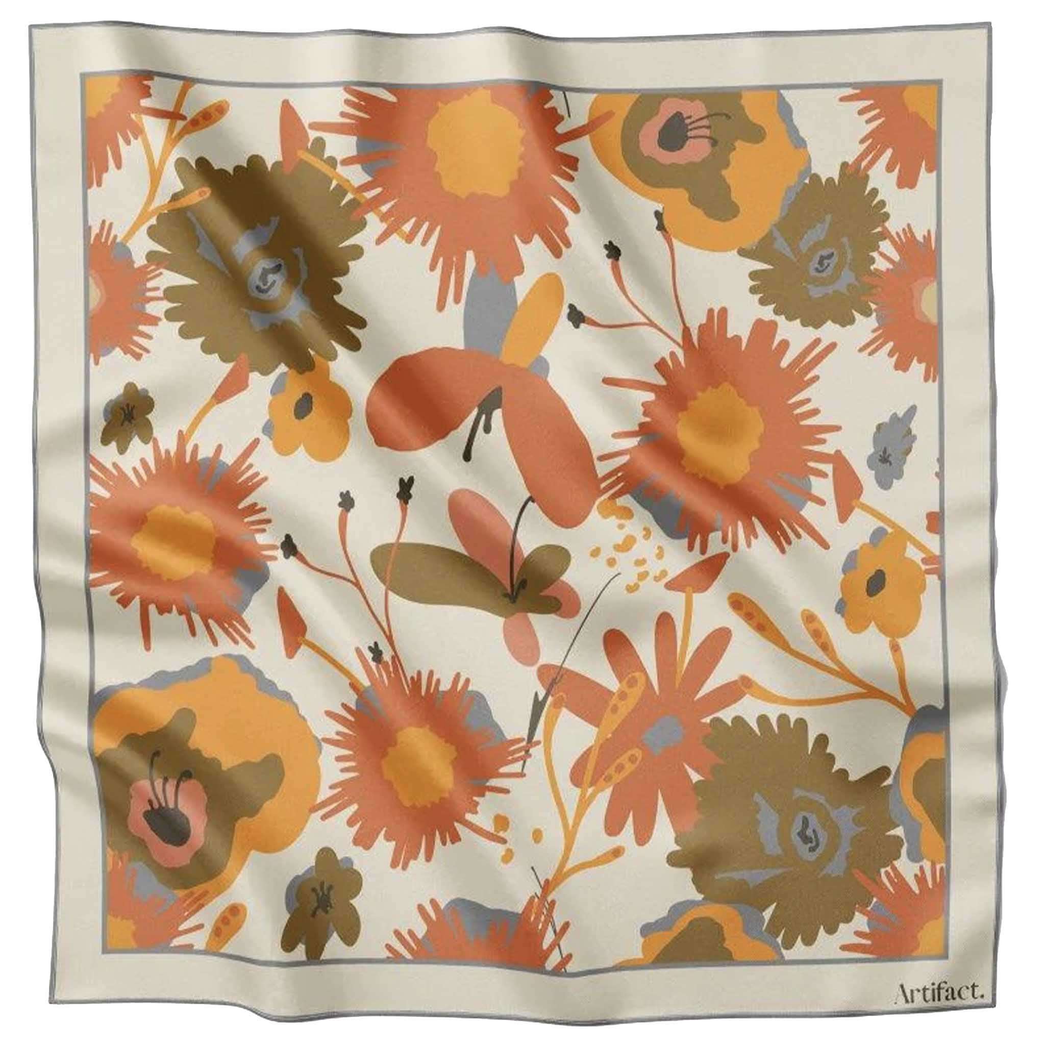 Artifact Square Silk Scarf - Floravive abstract floral print square silk twill scarf in mustard, peach, army green, blue and black