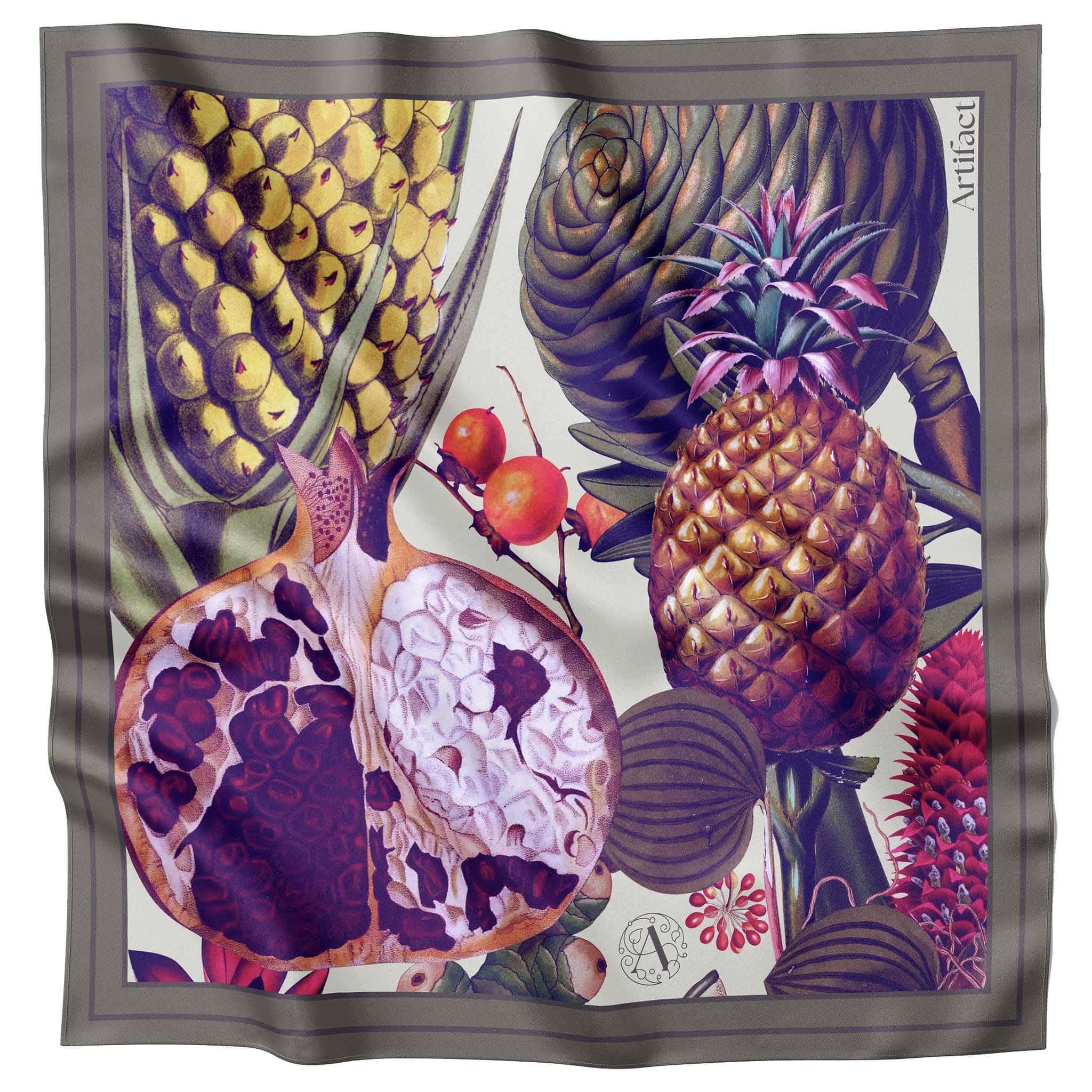Artifact Square Silk Scarf - Pomona Harvest botanical square silk scarf with exotic fruit illustration on neutral background