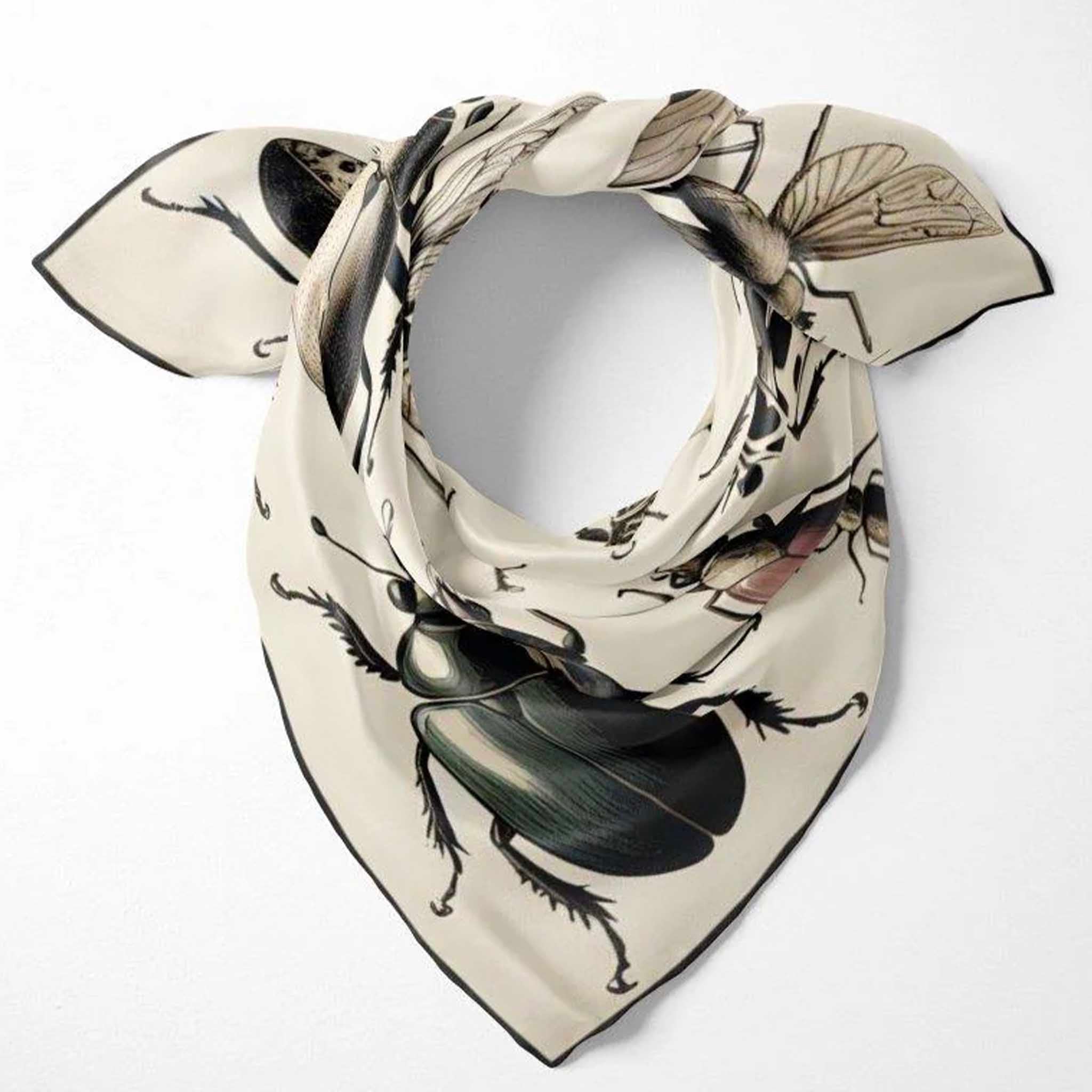 Alt Tag: Artifact Square Silk Scarf - Bugs cream silk twill square scarf with entomology insect print and hand-rolled hem, 90x90cm