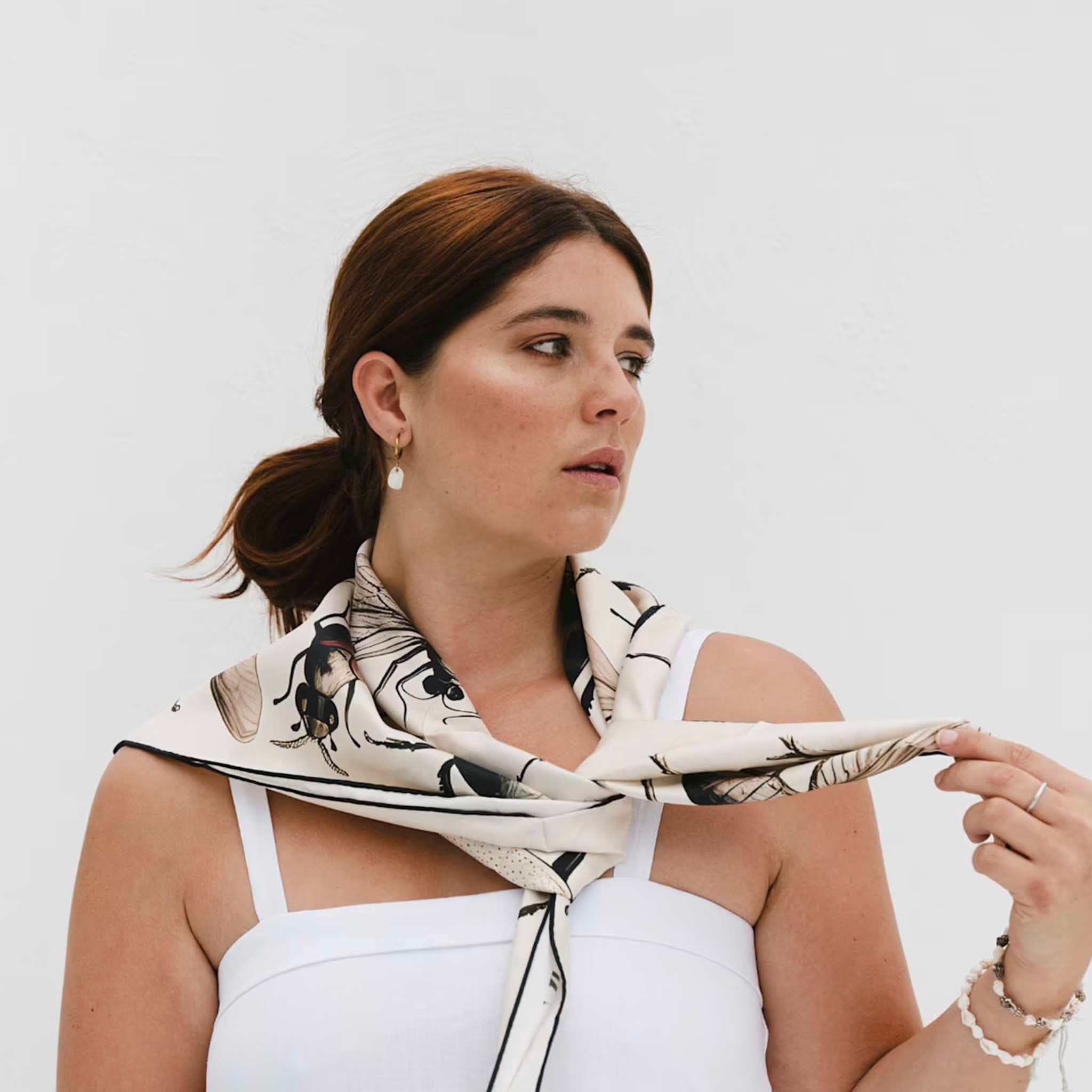 Artifact Square Silk Scarf - Bugs worn as neck scarf, cream silk twill with entomology insect print and hand-rolled hem