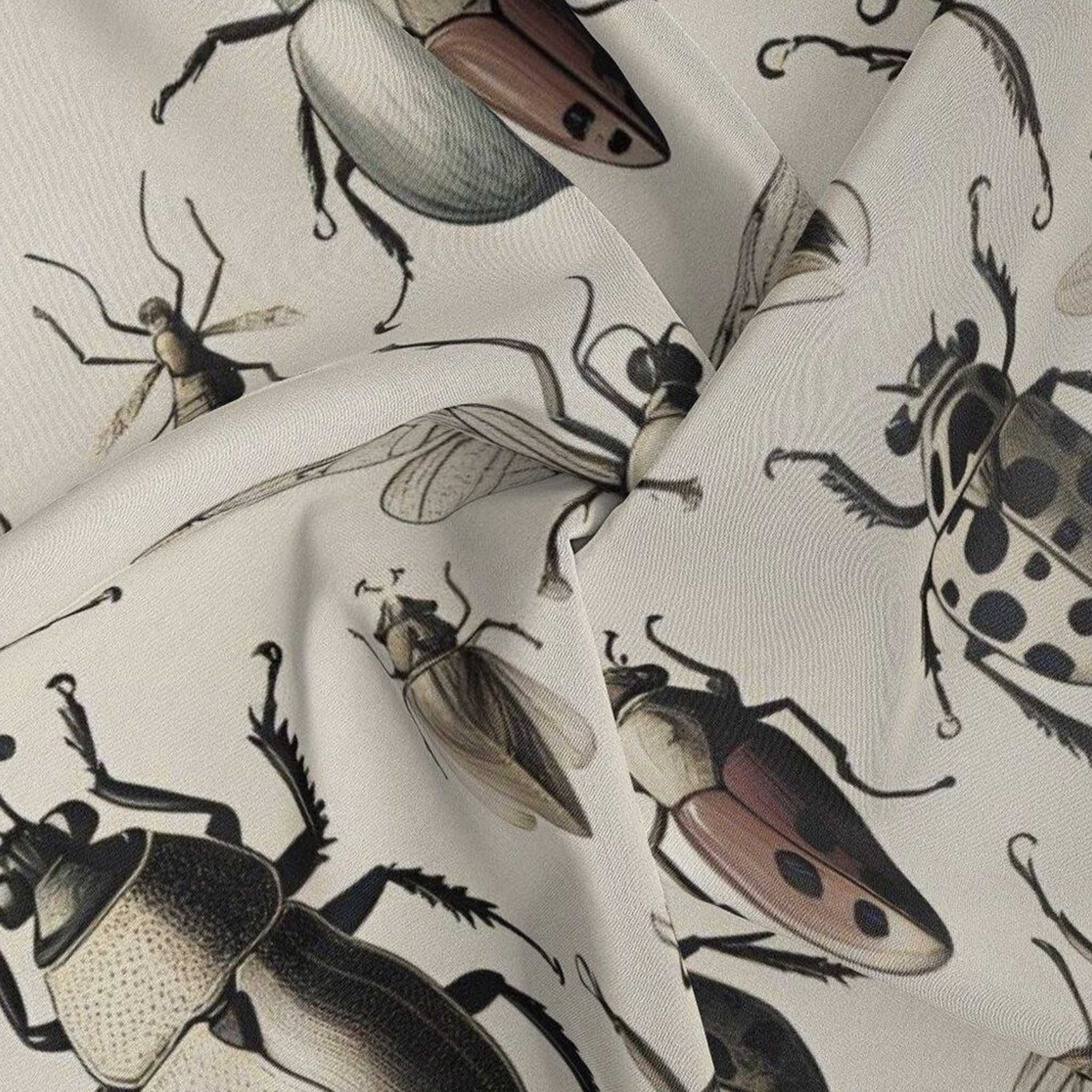 Alt Tag: Artifact Square Silk Scarf - Bugs with entomology insect print on cream silk twill, hand-rolled hem detail