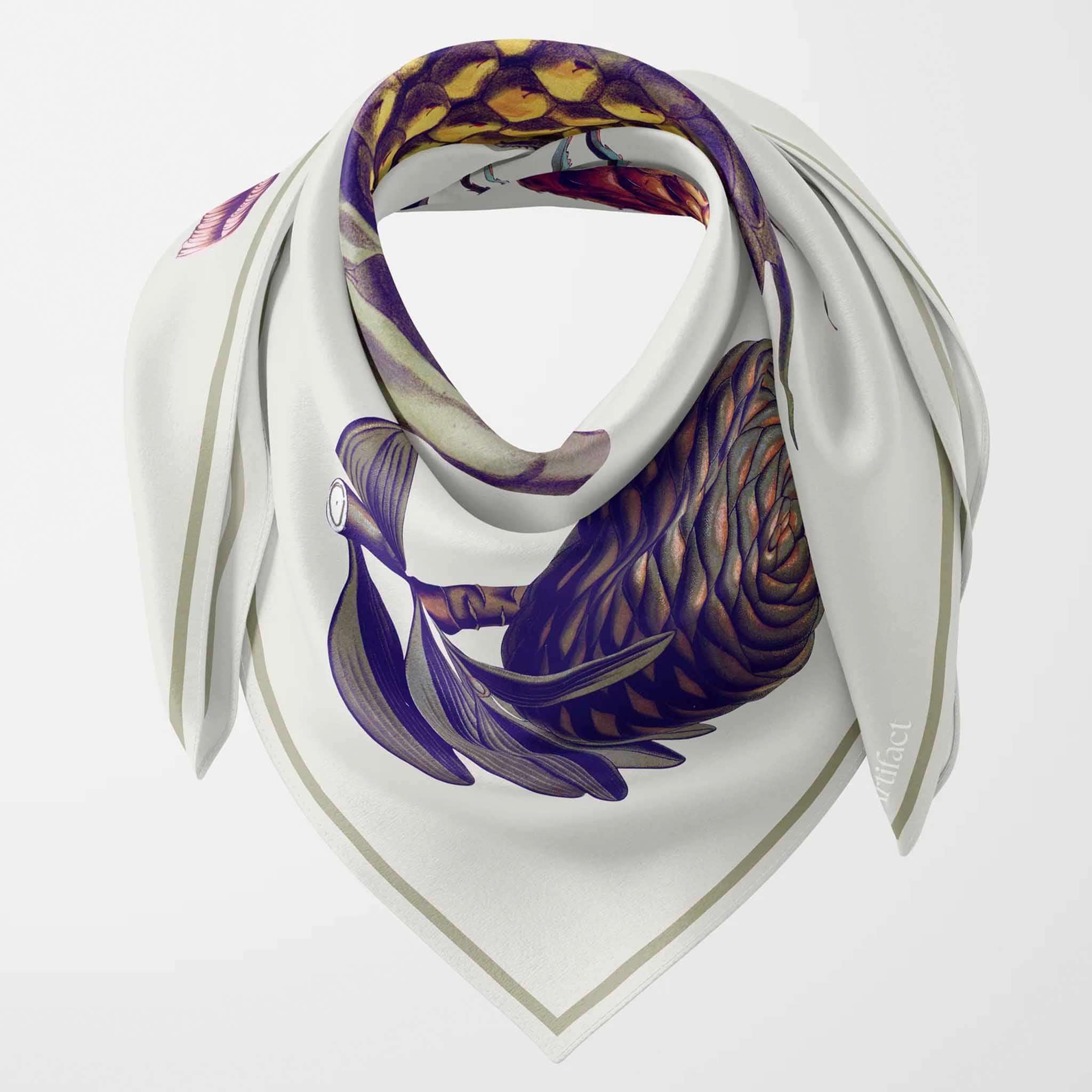 Alt Tag: Artifact Square Silk Scarf - Pomona Grove white silk twill square scarf with botanical tropical floral and pineapple-inspired print
