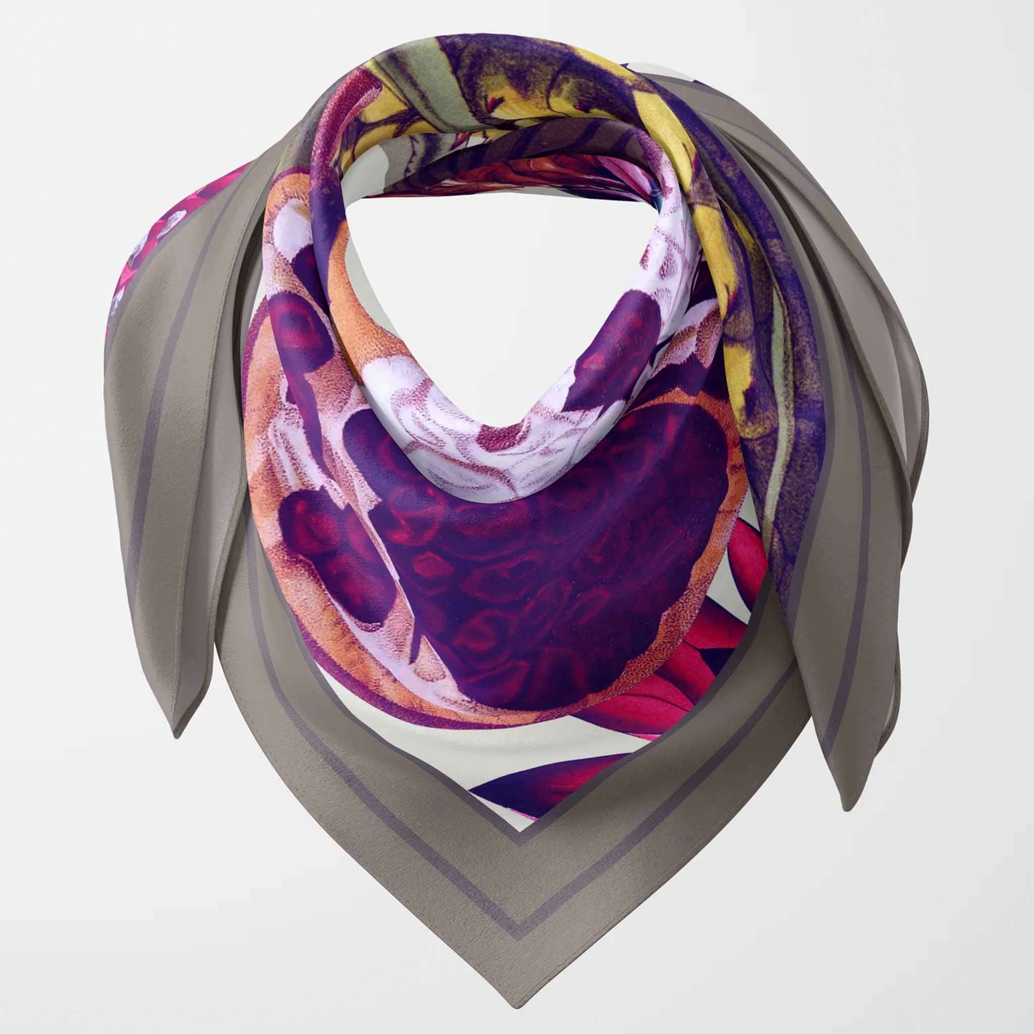 Alt Tag: Artifact Square Silk Scarf - Pomona Harvest with vibrant exotic fruit botanical print on neutral background, framed in earthy tones