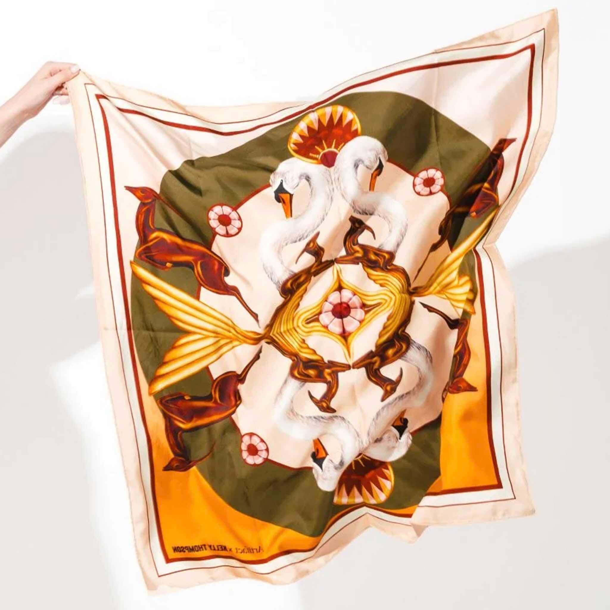 Artifact x Kelly Thompson Square Silk Scarf - Gilded with swan and gazelle symmetry motif, golden abstract forms, silk twill square scarf